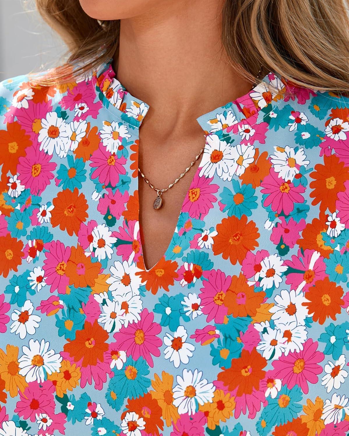 imageBTFBM Summer Blouses for Women Dressy Casual 2026 Fashion Spring Tops Floral Boho V Neck Puff Short Sleeve Top ShirtsFloral Light Blue Multi