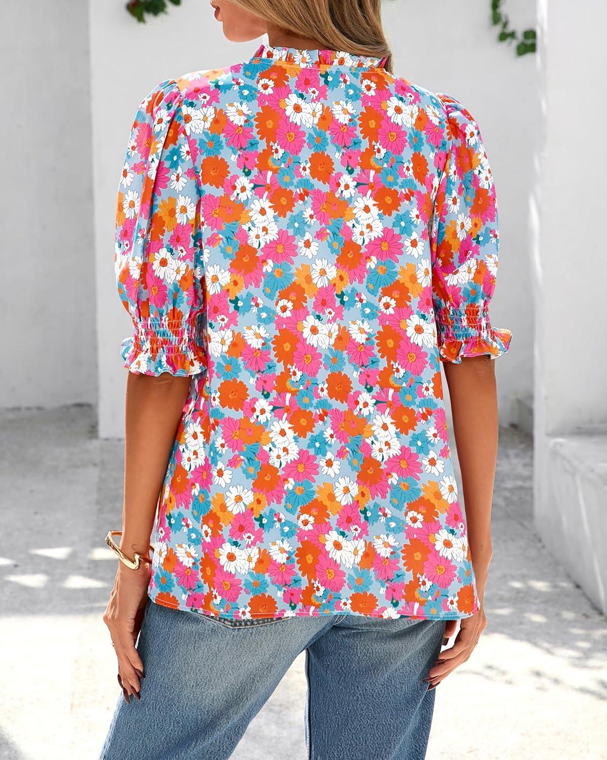 imageBTFBM Summer Blouses for Women Dressy Casual 2026 Fashion Spring Tops Floral Boho V Neck Puff Short Sleeve Top ShirtsFloral Light Blue Multi