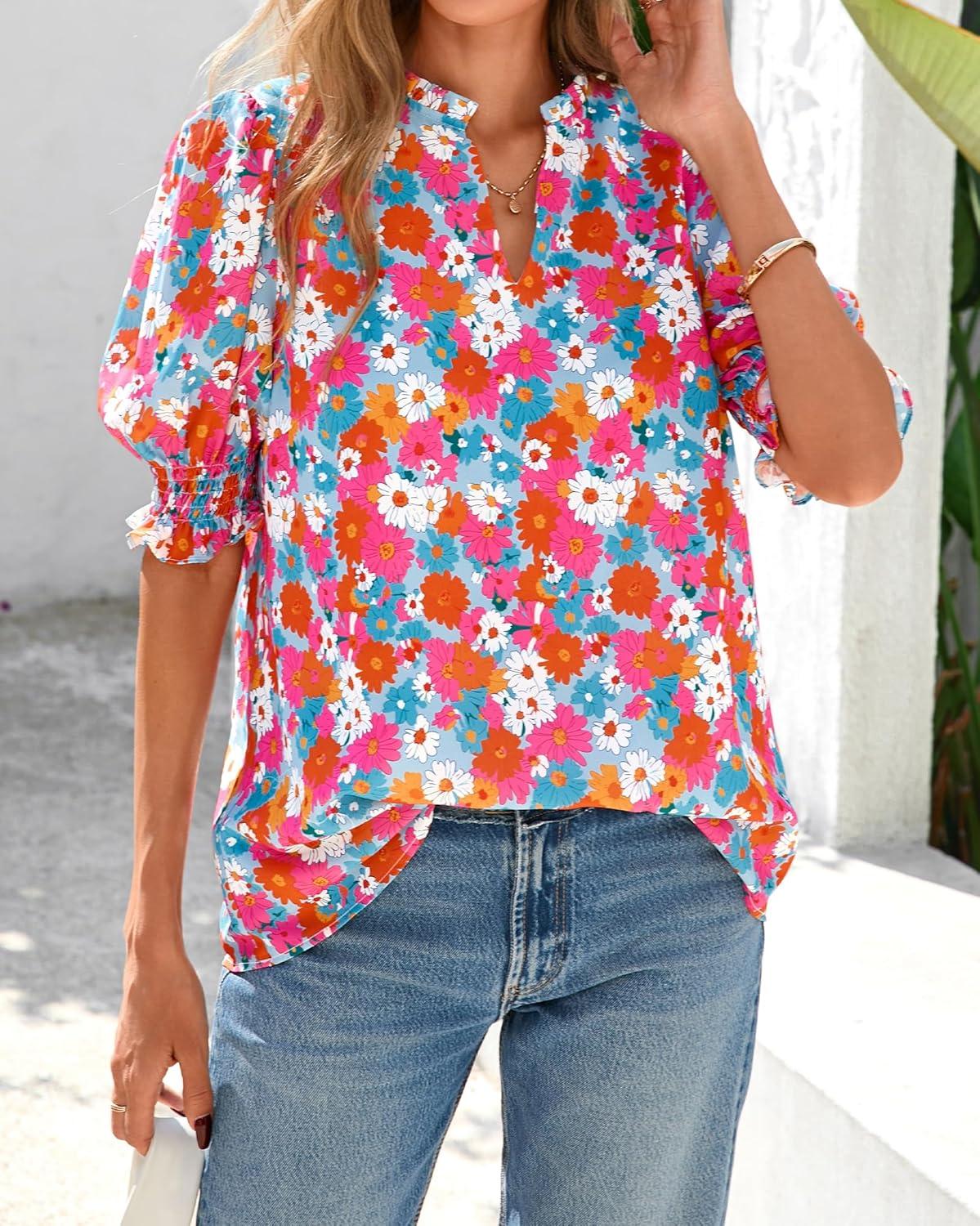 imageBTFBM Summer Blouses for Women Dressy Casual 2026 Fashion Spring Tops Floral Boho V Neck Puff Short Sleeve Top ShirtsFloral Light Blue Multi