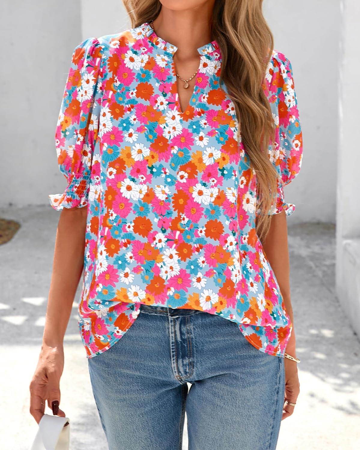 imageBTFBM Summer Blouses for Women Dressy Casual 2026 Fashion Spring Tops Floral Boho V Neck Puff Short Sleeve Top ShirtsFloral Light Blue Multi