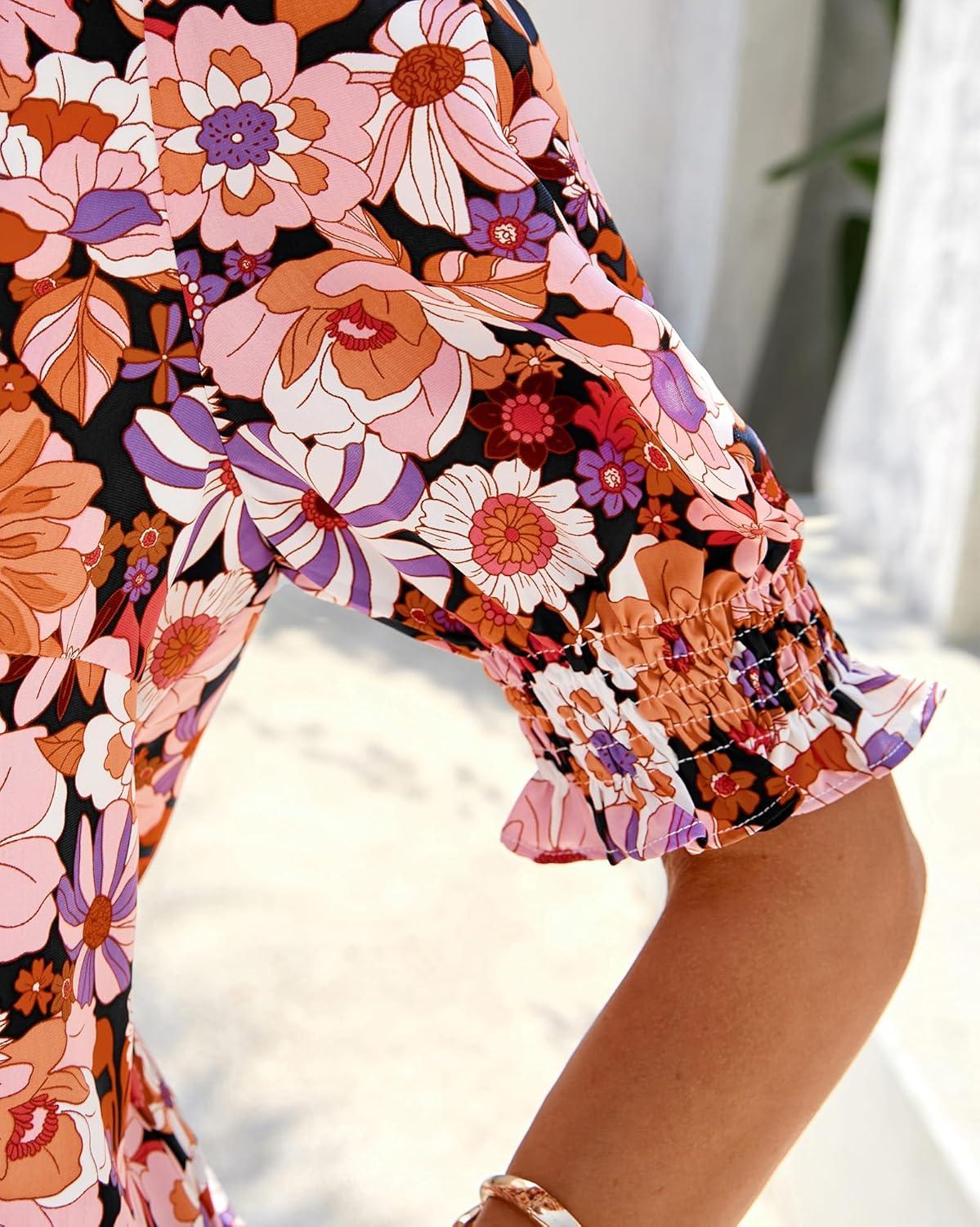 imageBTFBM Summer Blouses for Women Dressy Casual 2026 Fashion Spring Tops Floral Boho V Neck Puff Short Sleeve Top ShirtsFloral Orange Pink
