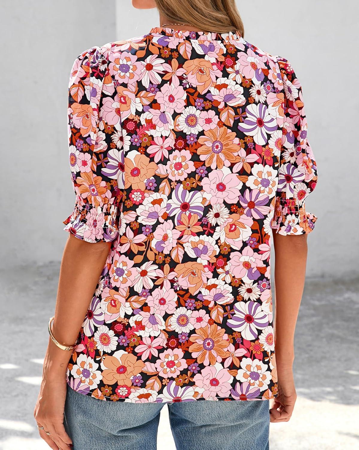 imageBTFBM Summer Blouses for Women Dressy Casual 2026 Fashion Spring Tops Floral Boho V Neck Puff Short Sleeve Top ShirtsFloral Orange Pink