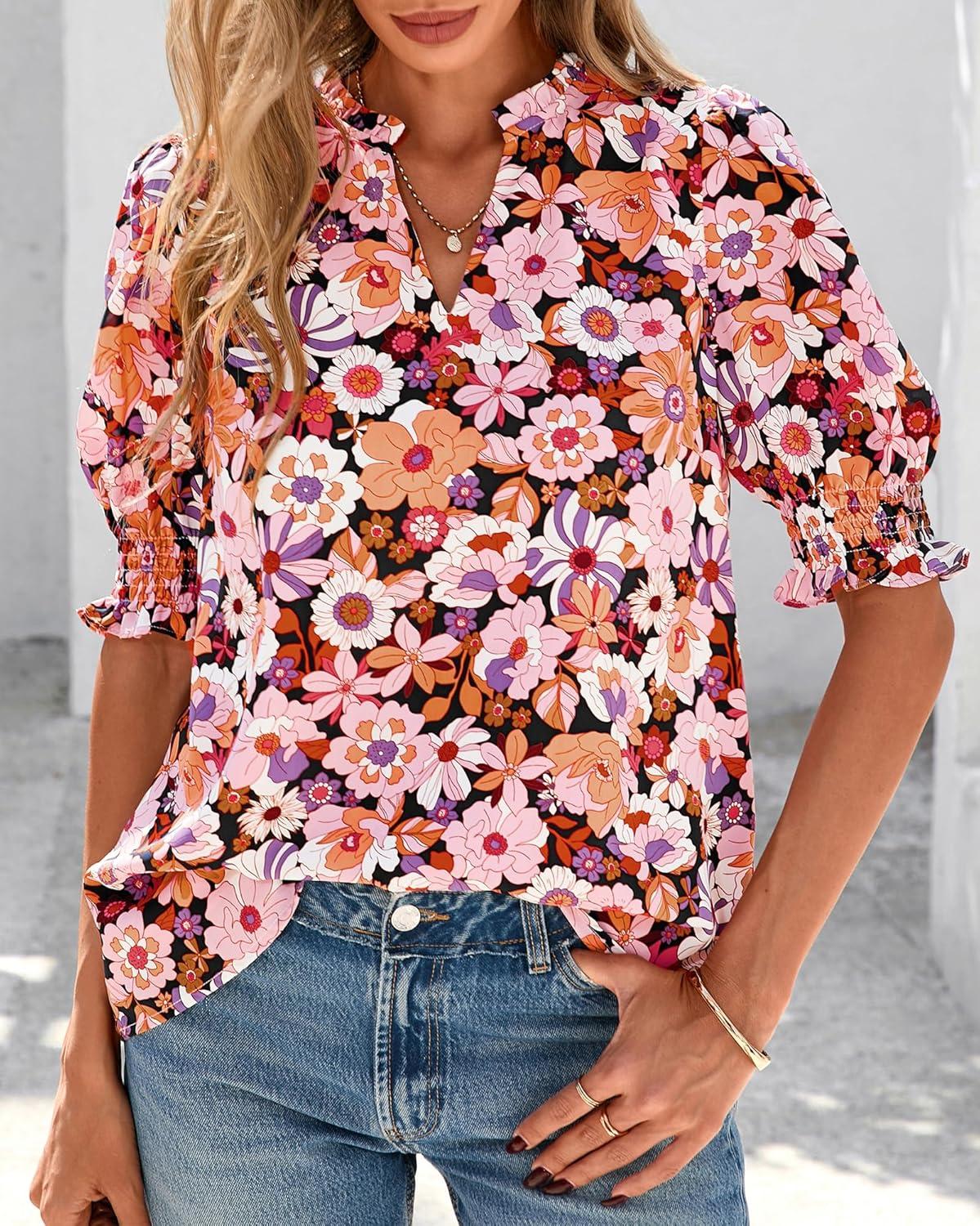 imageBTFBM Summer Blouses for Women Dressy Casual 2026 Fashion Spring Tops Floral Boho V Neck Puff Short Sleeve Top ShirtsFloral Orange Pink
