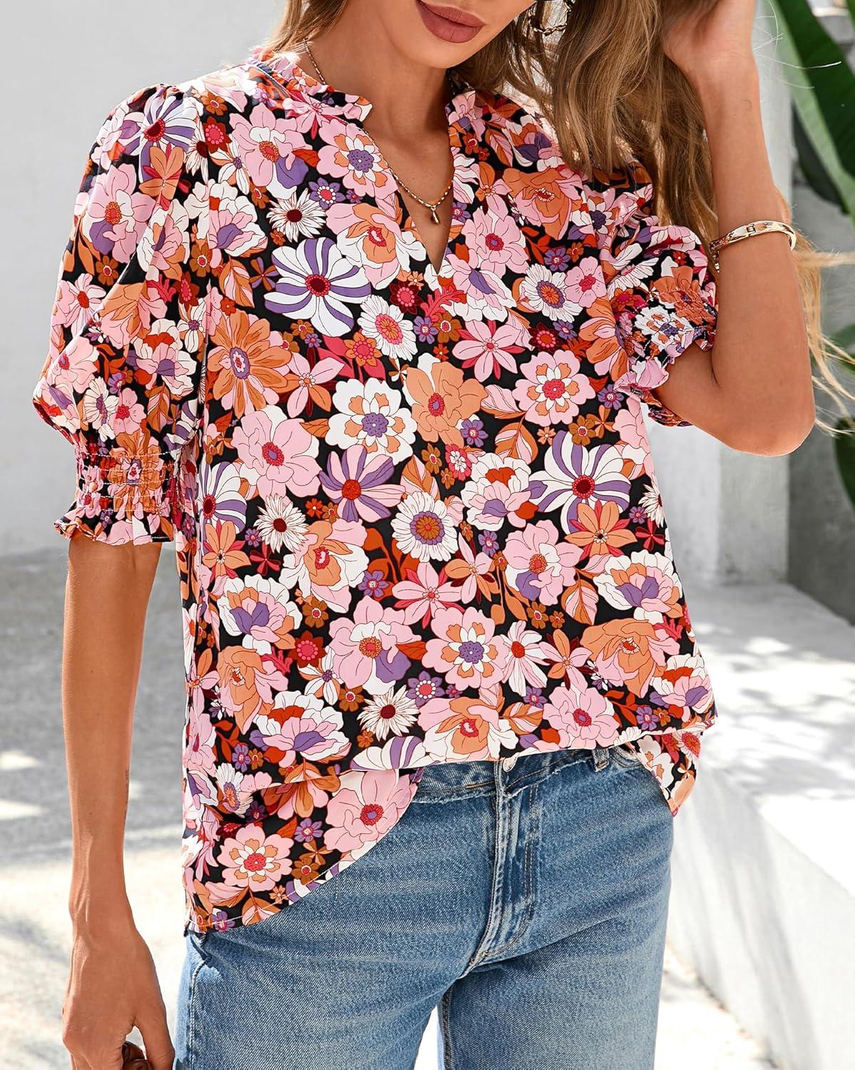 imageBTFBM Summer Blouses for Women Dressy Casual 2026 Fashion Spring Tops Floral Boho V Neck Puff Short Sleeve Top ShirtsFloral Orange Pink