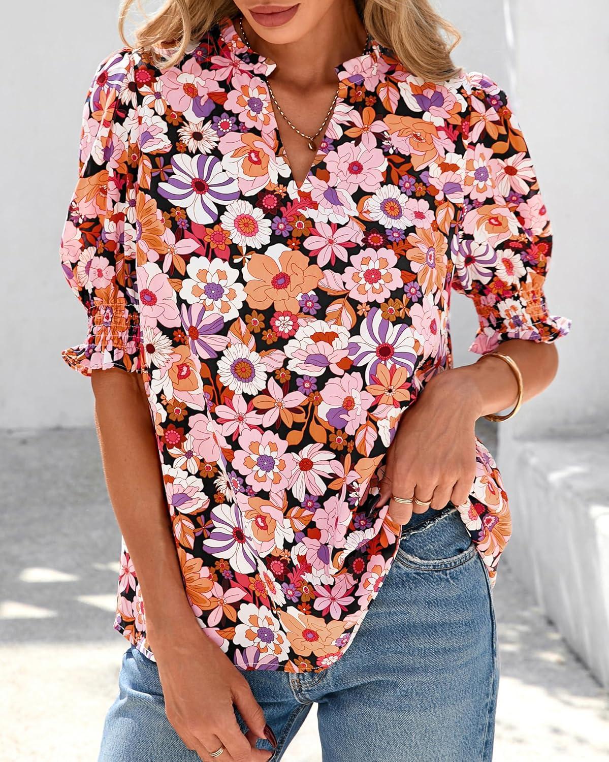 imageBTFBM Summer Blouses for Women Dressy Casual 2026 Fashion Spring Tops Floral Boho V Neck Puff Short Sleeve Top ShirtsFloral Orange Pink
