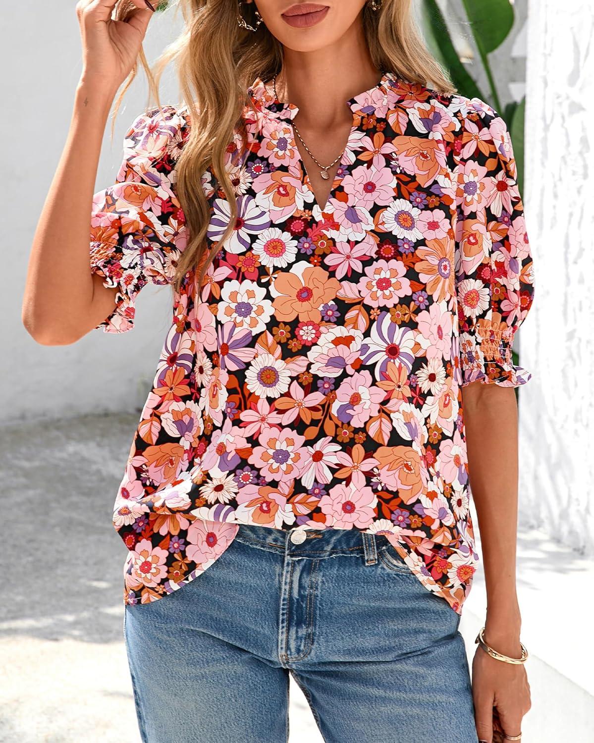imageBTFBM Summer Blouses for Women Dressy Casual 2026 Fashion Spring Tops Floral Boho V Neck Puff Short Sleeve Top ShirtsFloral Orange Pink
