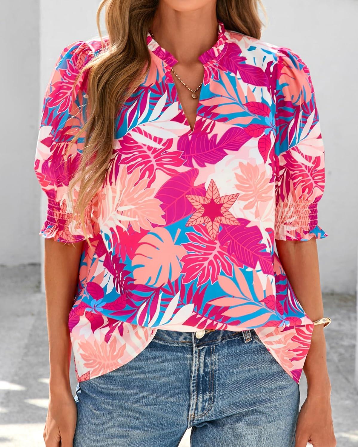 imageBTFBM Summer Blouses for Women Dressy Casual 2026 Fashion Spring Tops Floral Boho V Neck Puff Short Sleeve Top ShirtsFloral Pink