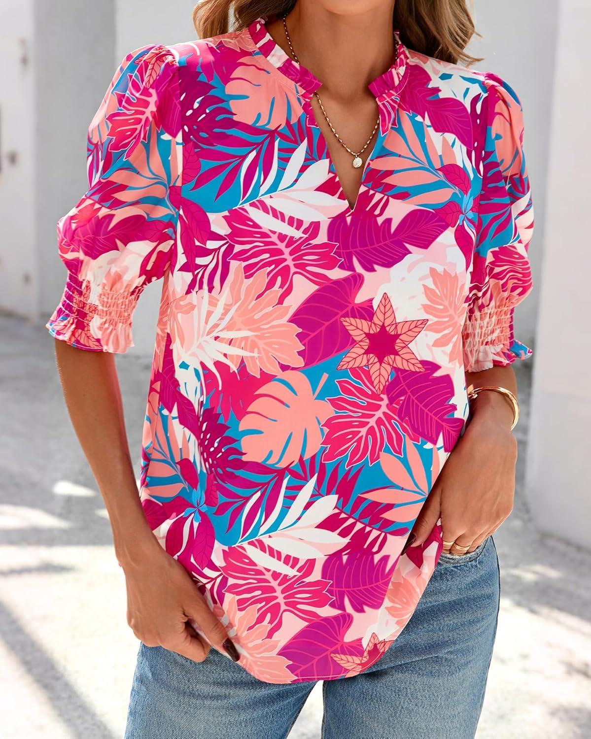 imageBTFBM Summer Blouses for Women Dressy Casual 2026 Fashion Spring Tops Floral Boho V Neck Puff Short Sleeve Top ShirtsFloral Pink