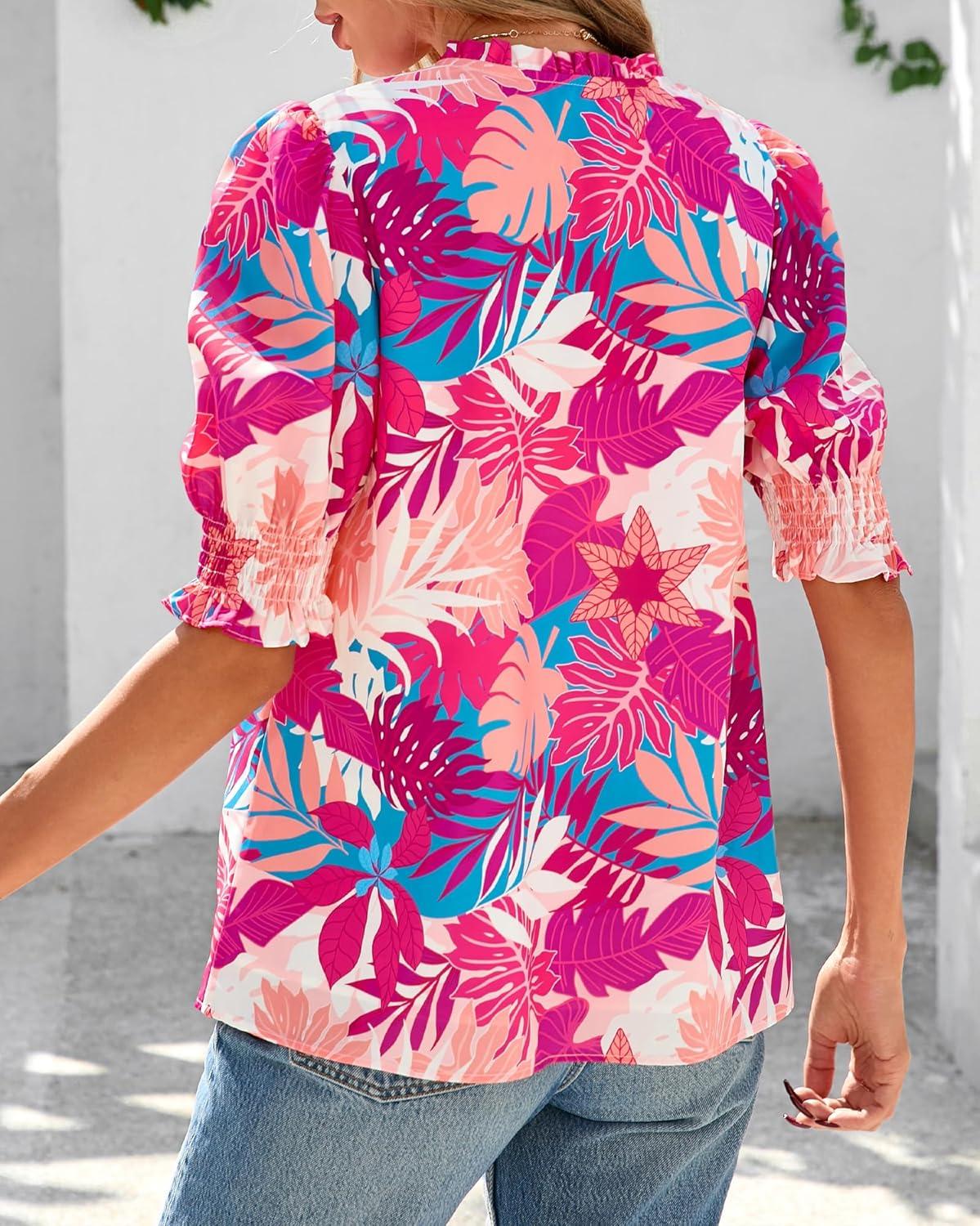 imageBTFBM Summer Blouses for Women Dressy Casual 2026 Fashion Spring Tops Floral Boho V Neck Puff Short Sleeve Top ShirtsFloral Pink