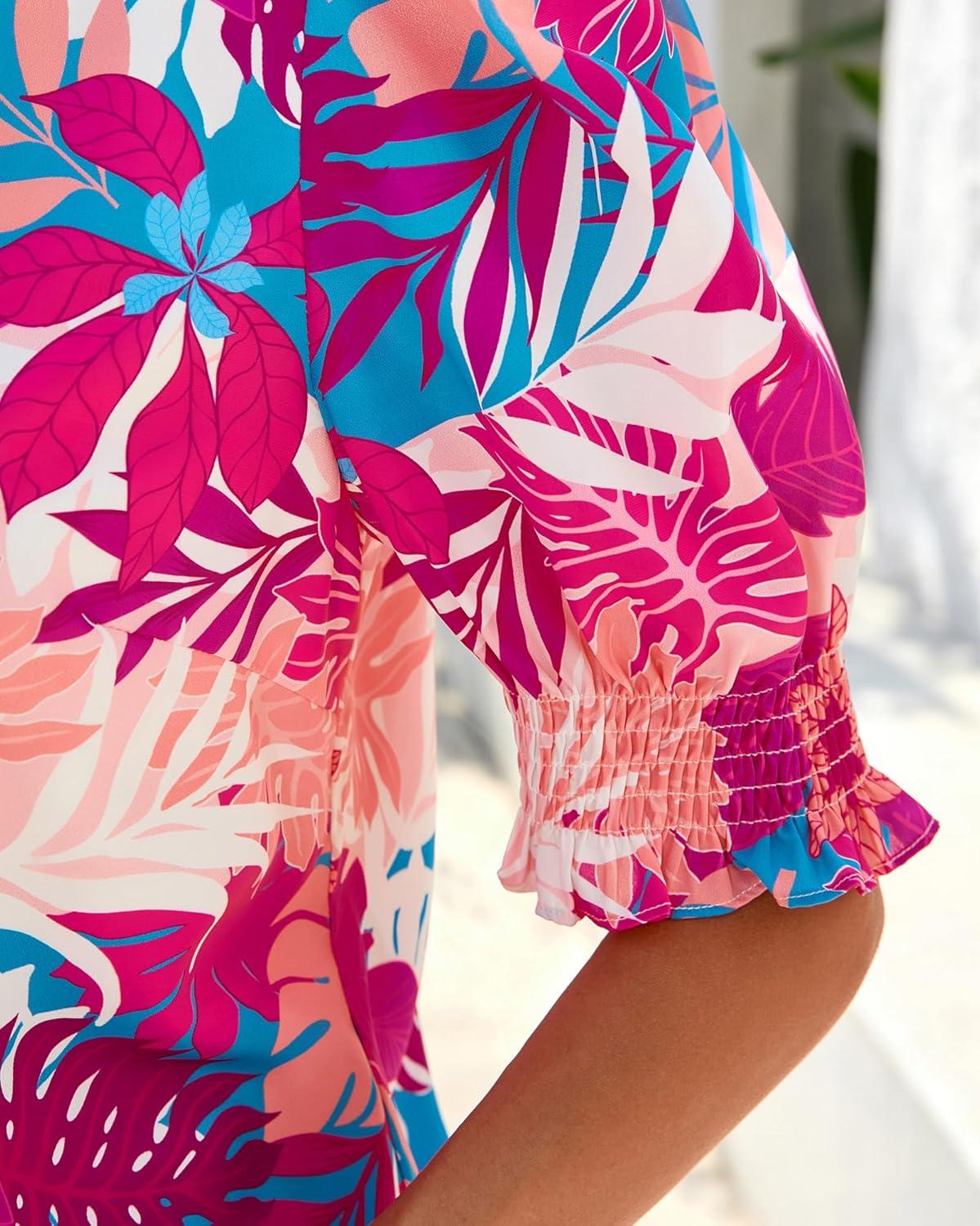 imageBTFBM Summer Blouses for Women Dressy Casual 2026 Fashion Spring Tops Floral Boho V Neck Puff Short Sleeve Top ShirtsFloral Pink