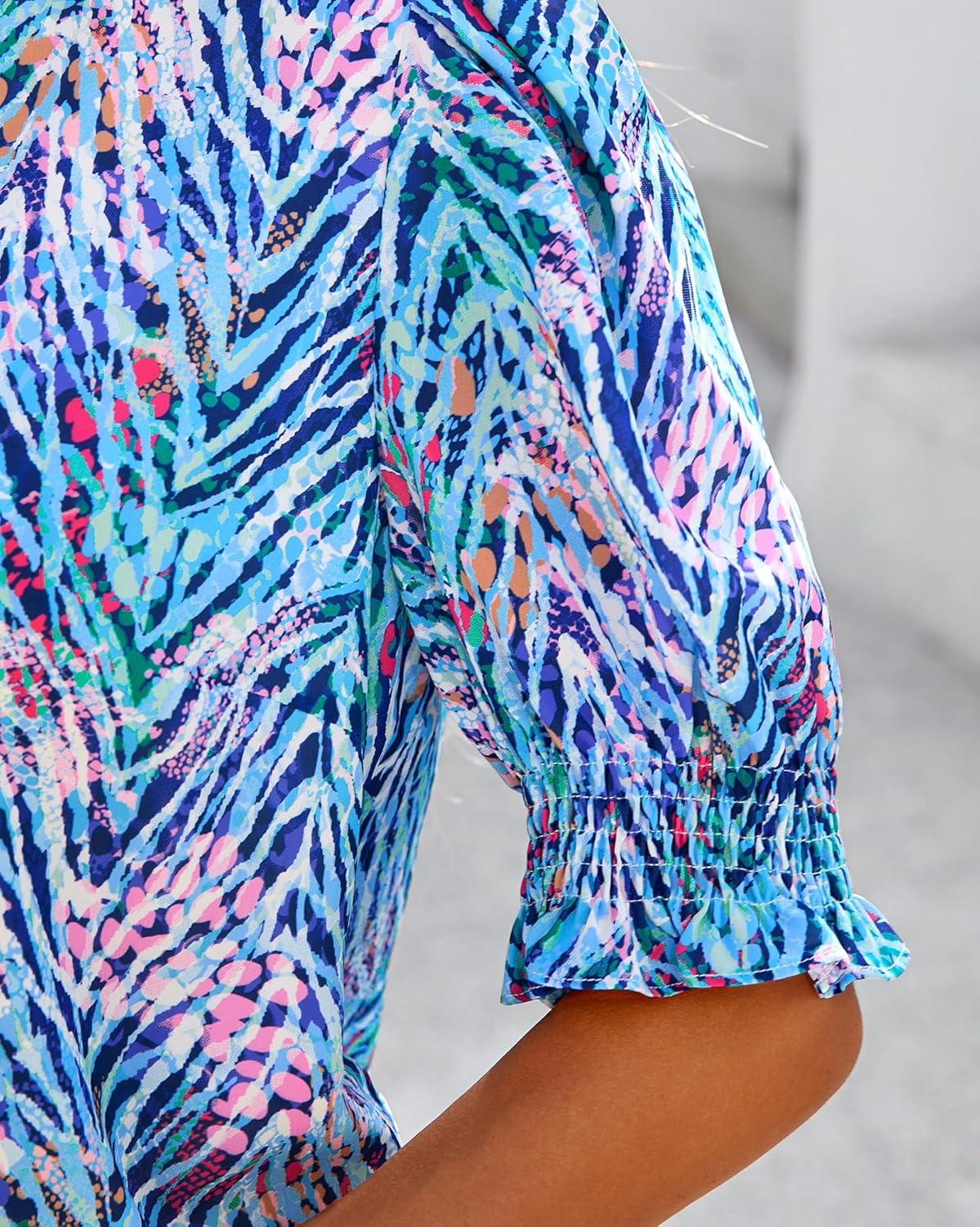 imageBTFBM Summer Blouses for Women Dressy Casual 2026 Fashion Spring Tops Floral Boho V Neck Puff Short Sleeve Top ShirtsFloral Pink Blue