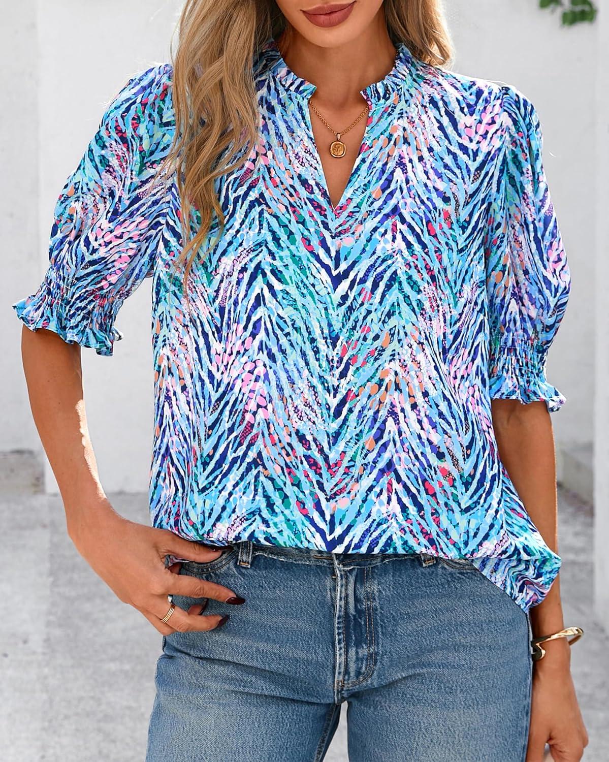 imageBTFBM Summer Blouses for Women Dressy Casual 2026 Fashion Spring Tops Floral Boho V Neck Puff Short Sleeve Top ShirtsFloral Pink Blue