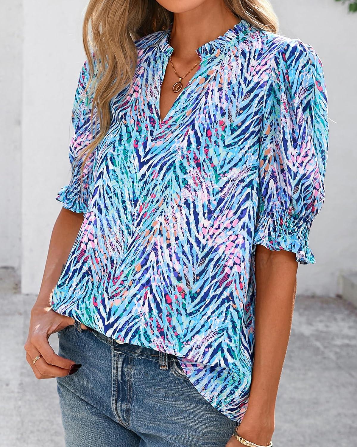 imageBTFBM Summer Blouses for Women Dressy Casual 2026 Fashion Spring Tops Floral Boho V Neck Puff Short Sleeve Top ShirtsFloral Pink Blue
