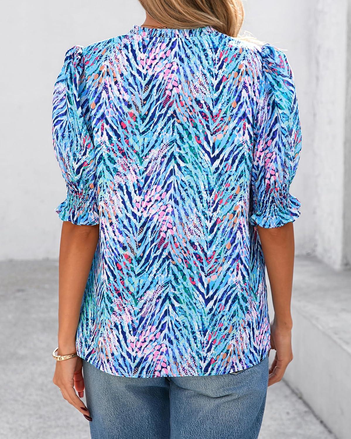 imageBTFBM Summer Blouses for Women Dressy Casual 2026 Fashion Spring Tops Floral Boho V Neck Puff Short Sleeve Top ShirtsFloral Pink Blue