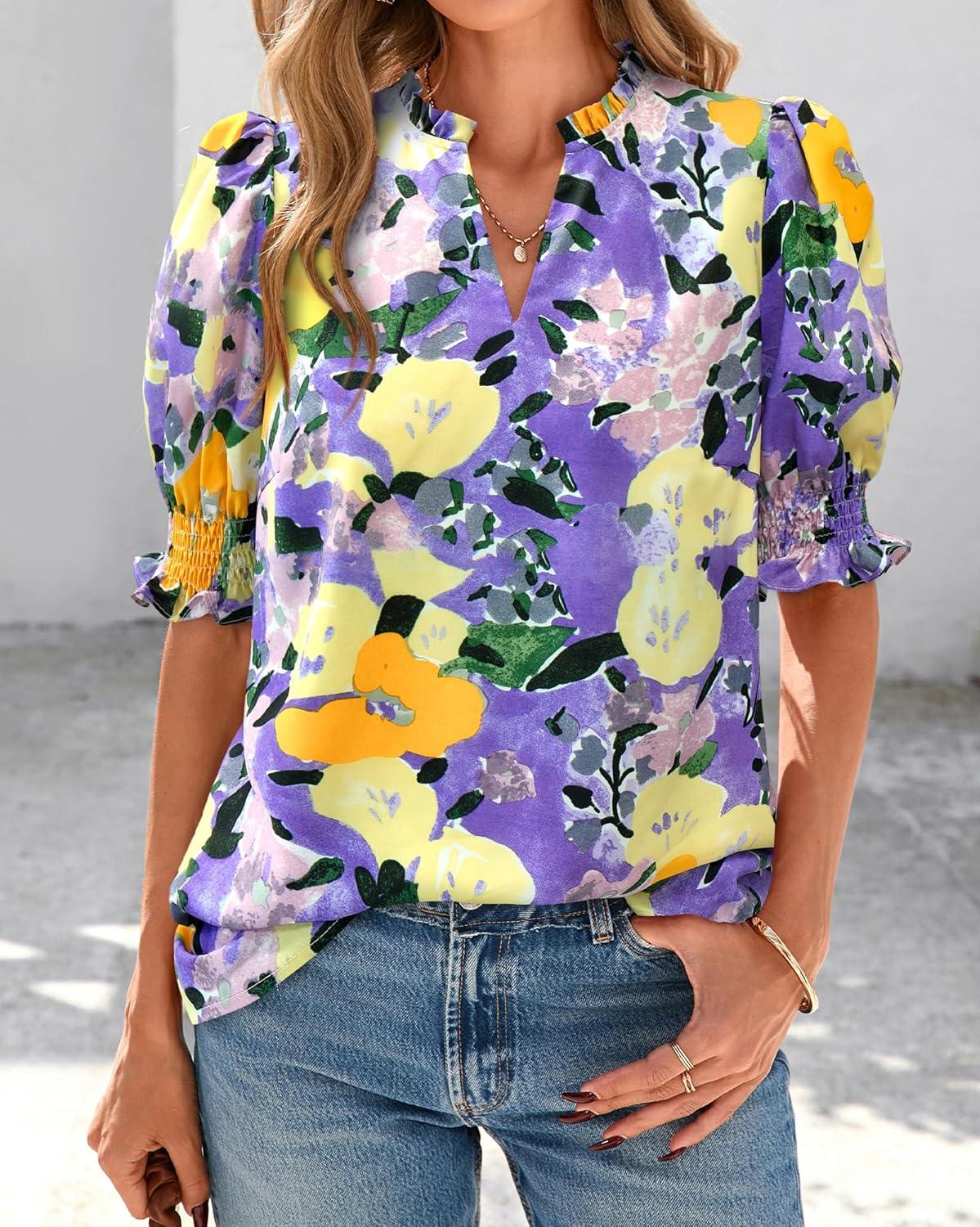 imageBTFBM Summer Blouses for Women Dressy Casual 2026 Fashion Spring Tops Floral Boho V Neck Puff Short Sleeve Top ShirtsFloral Purple Yellow