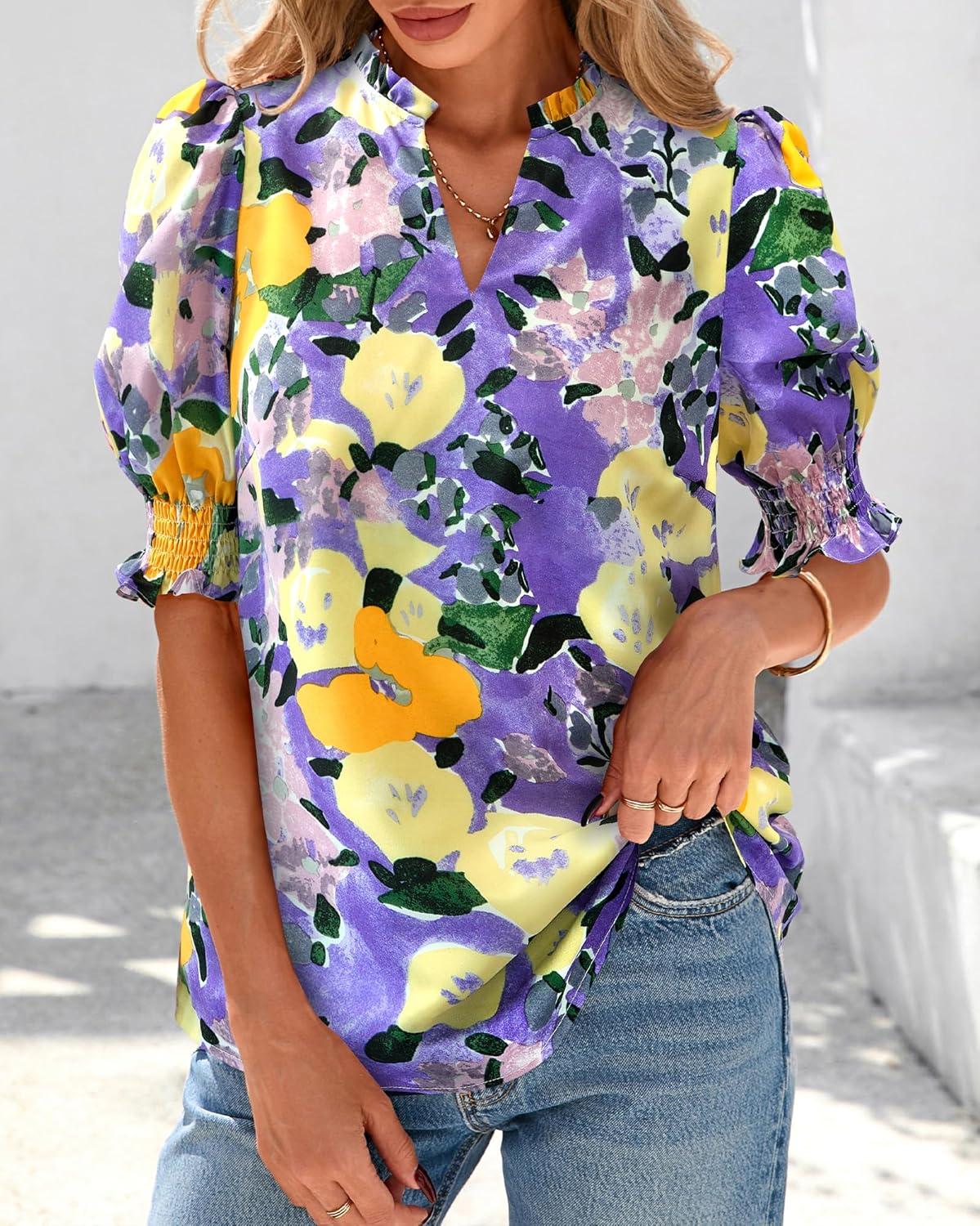 imageBTFBM Summer Blouses for Women Dressy Casual 2026 Fashion Spring Tops Floral Boho V Neck Puff Short Sleeve Top ShirtsFloral Purple Yellow
