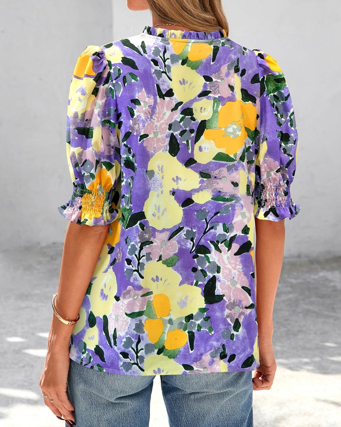 imageBTFBM Summer Blouses for Women Dressy Casual 2026 Fashion Spring Tops Floral Boho V Neck Puff Short Sleeve Top ShirtsFloral Purple Yellow