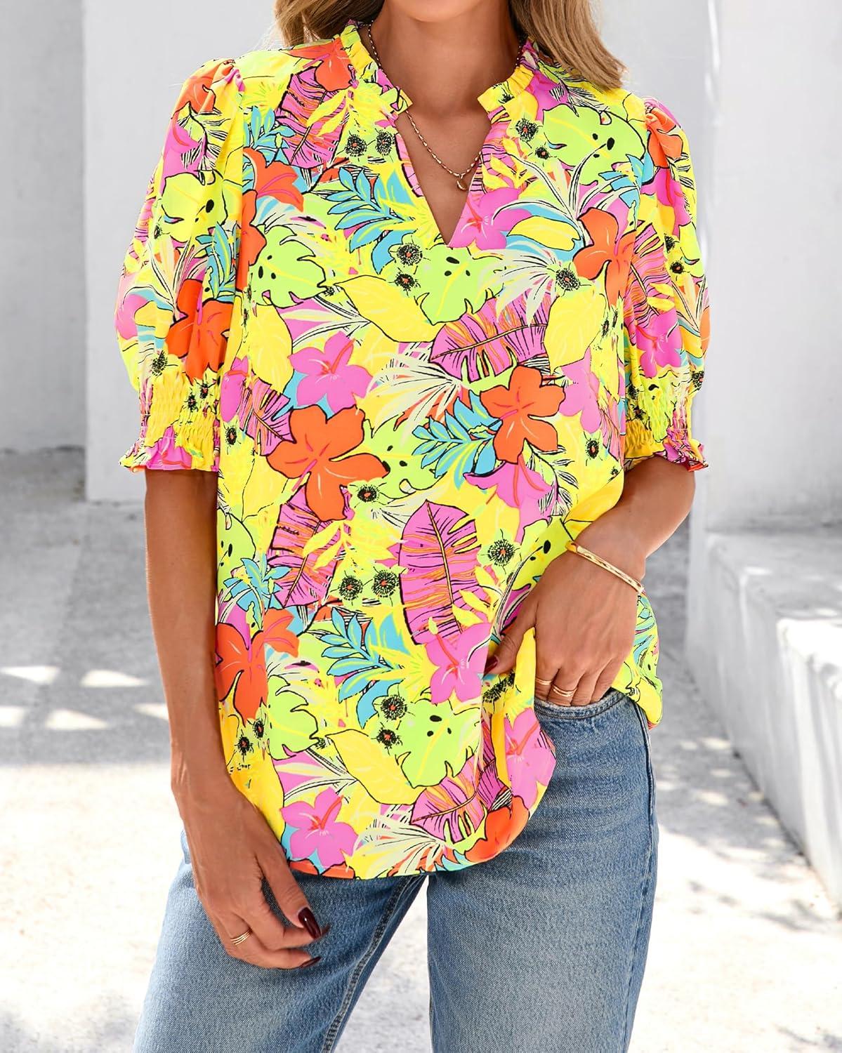 imageBTFBM Summer Blouses for Women Dressy Casual 2026 Fashion Spring Tops Floral Boho V Neck Puff Short Sleeve Top ShirtsFloral Yellow Pink