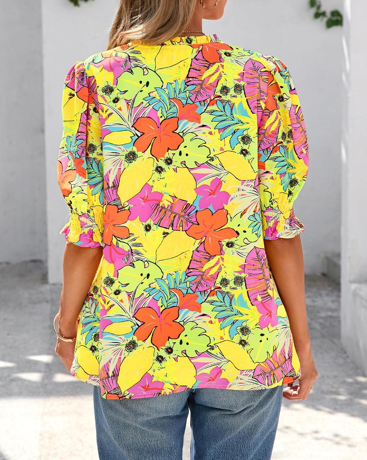 imageBTFBM Summer Blouses for Women Dressy Casual 2026 Fashion Spring Tops Floral Boho V Neck Puff Short Sleeve Top ShirtsFloral Yellow Pink