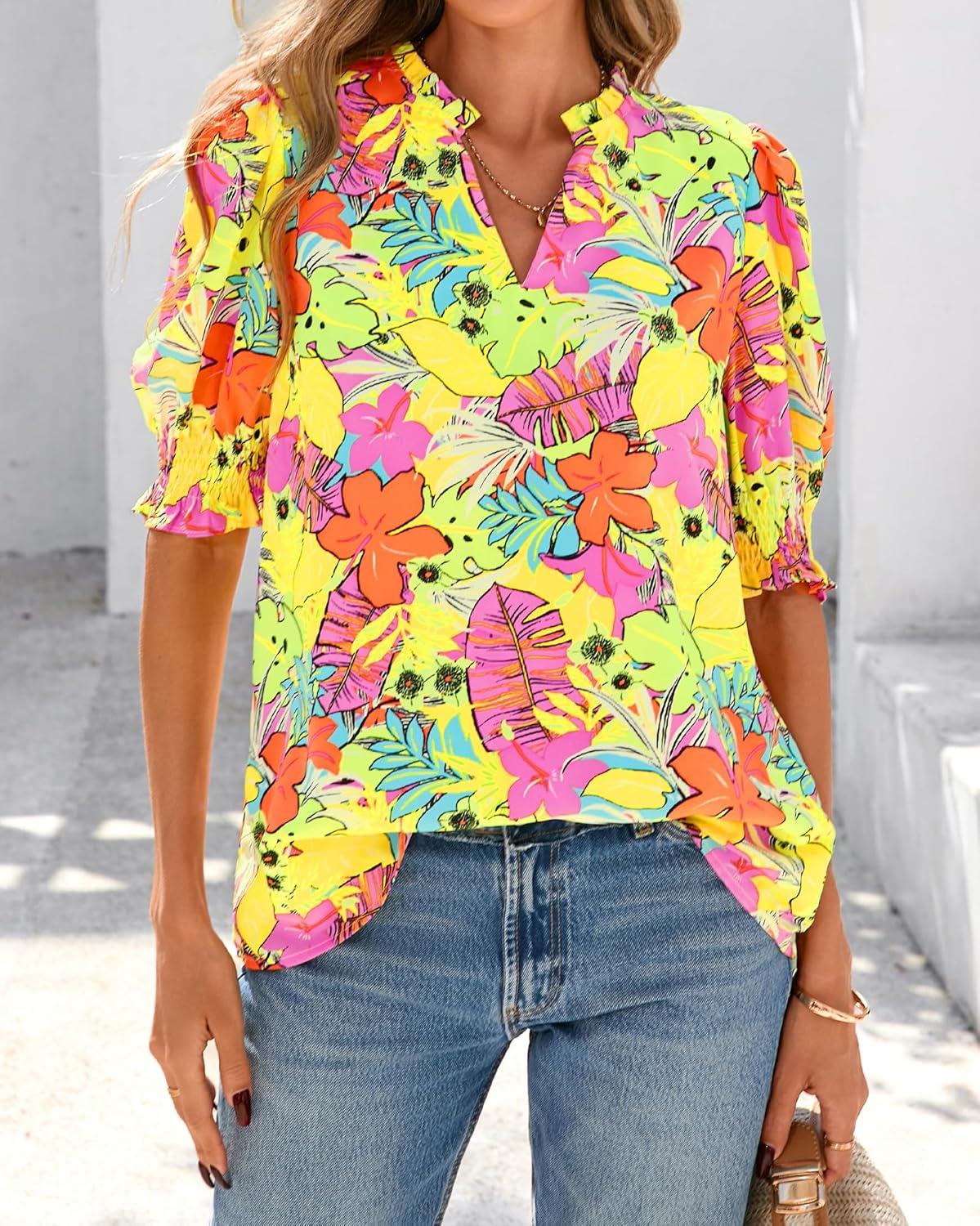 imageBTFBM Summer Blouses for Women Dressy Casual 2026 Fashion Spring Tops Floral Boho V Neck Puff Short Sleeve Top ShirtsFloral Yellow Pink