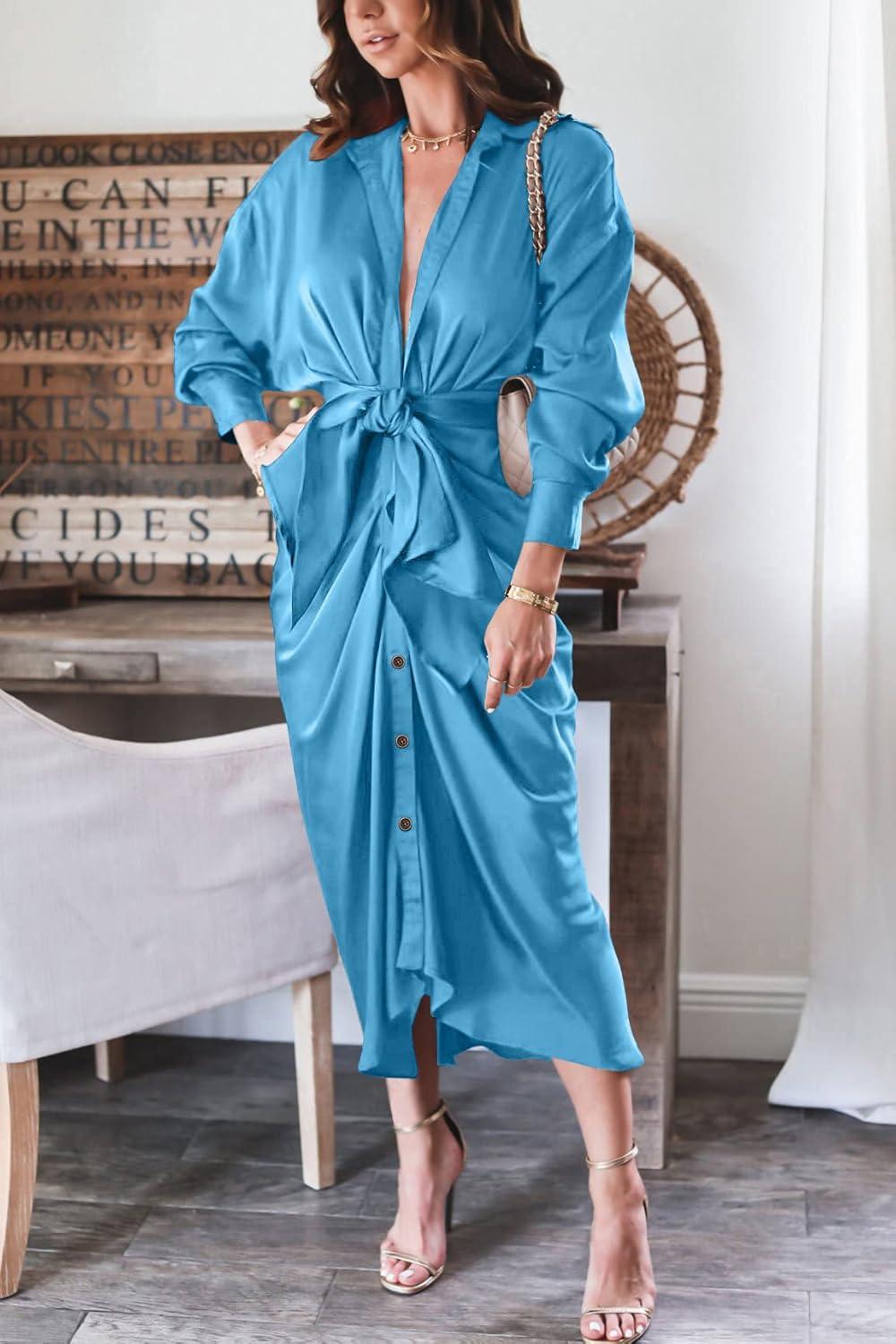 imageBTFBM Summer Dresses for Women 2026 Long Sleeve Lapel V Neck Button Down Elegant Belted Ruched Satin Shirt Spring DressAqua Blue
