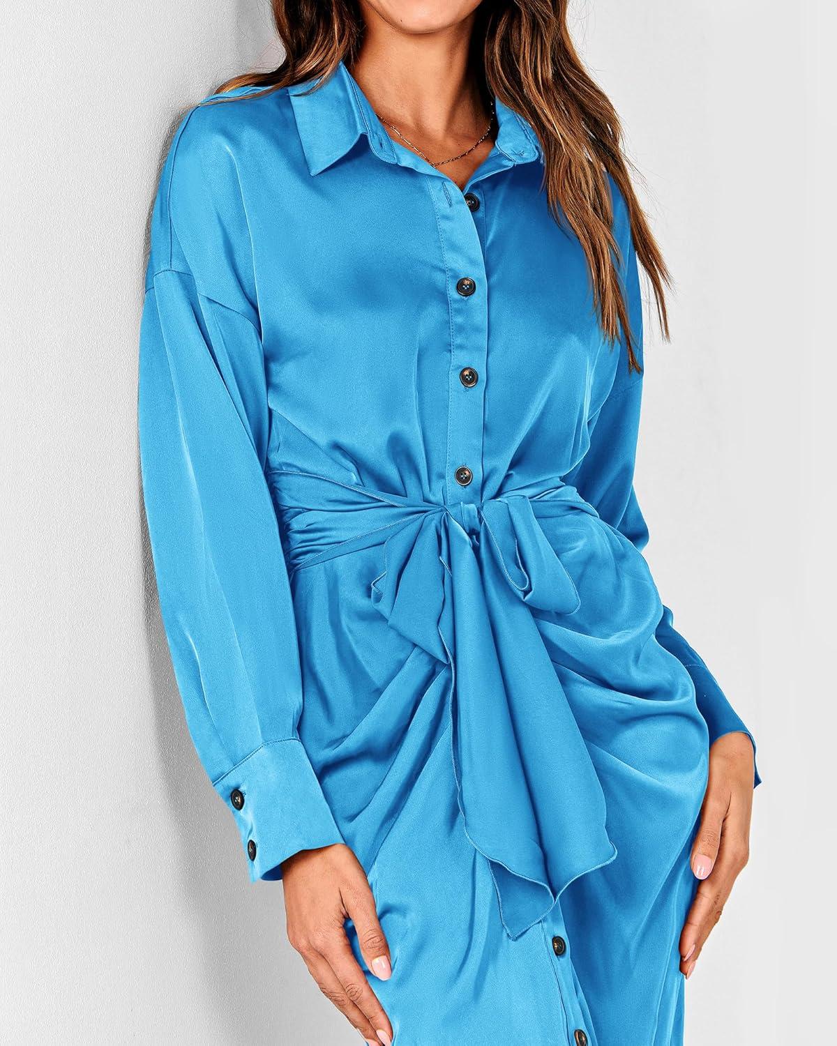 imageBTFBM Summer Dresses for Women 2026 Long Sleeve Lapel V Neck Button Down Elegant Belted Ruched Satin Shirt Spring DressAqua Blue