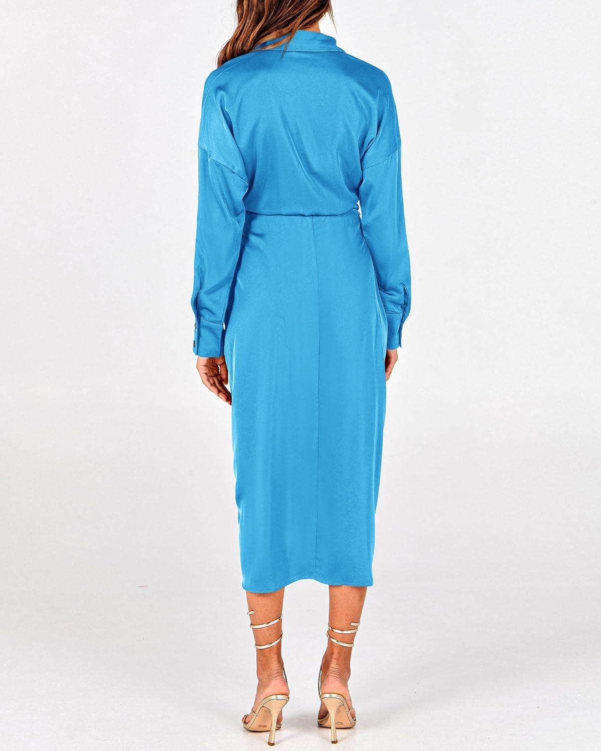 imageBTFBM Summer Dresses for Women 2026 Long Sleeve Lapel V Neck Button Down Elegant Belted Ruched Satin Shirt Spring DressAqua Blue