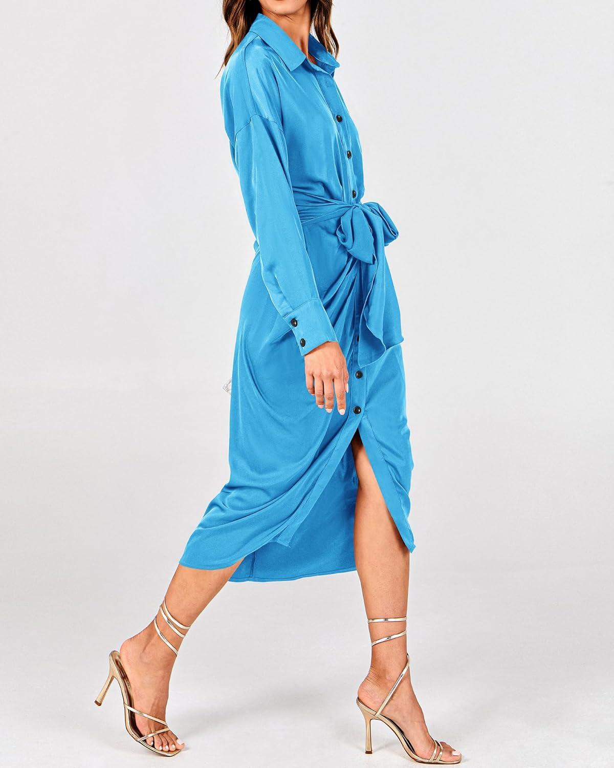 imageBTFBM Summer Dresses for Women 2026 Long Sleeve Lapel V Neck Button Down Elegant Belted Ruched Satin Shirt Spring DressAqua Blue