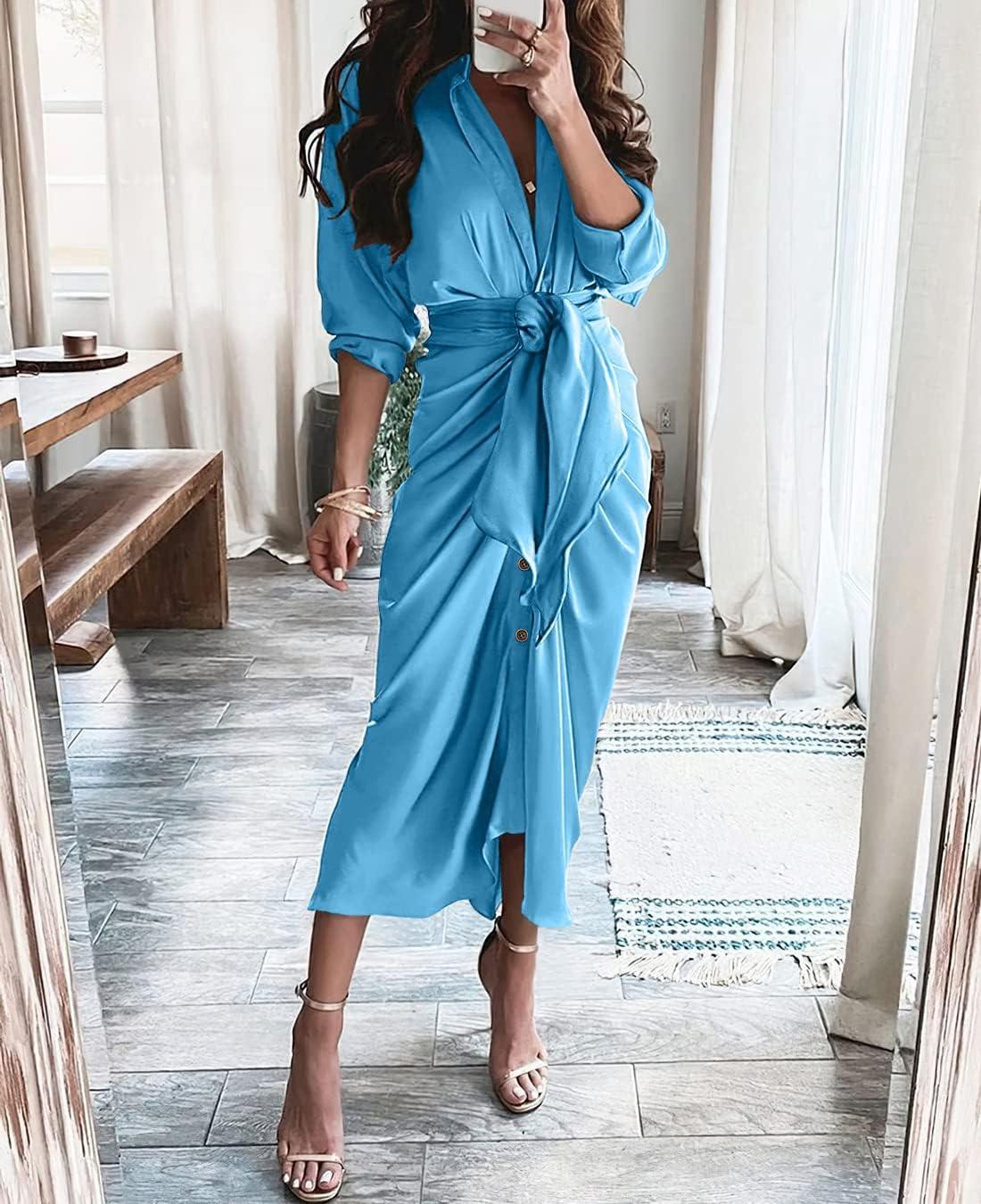 imageBTFBM Summer Dresses for Women 2026 Long Sleeve Lapel V Neck Button Down Elegant Belted Ruched Satin Shirt Spring DressAqua Blue