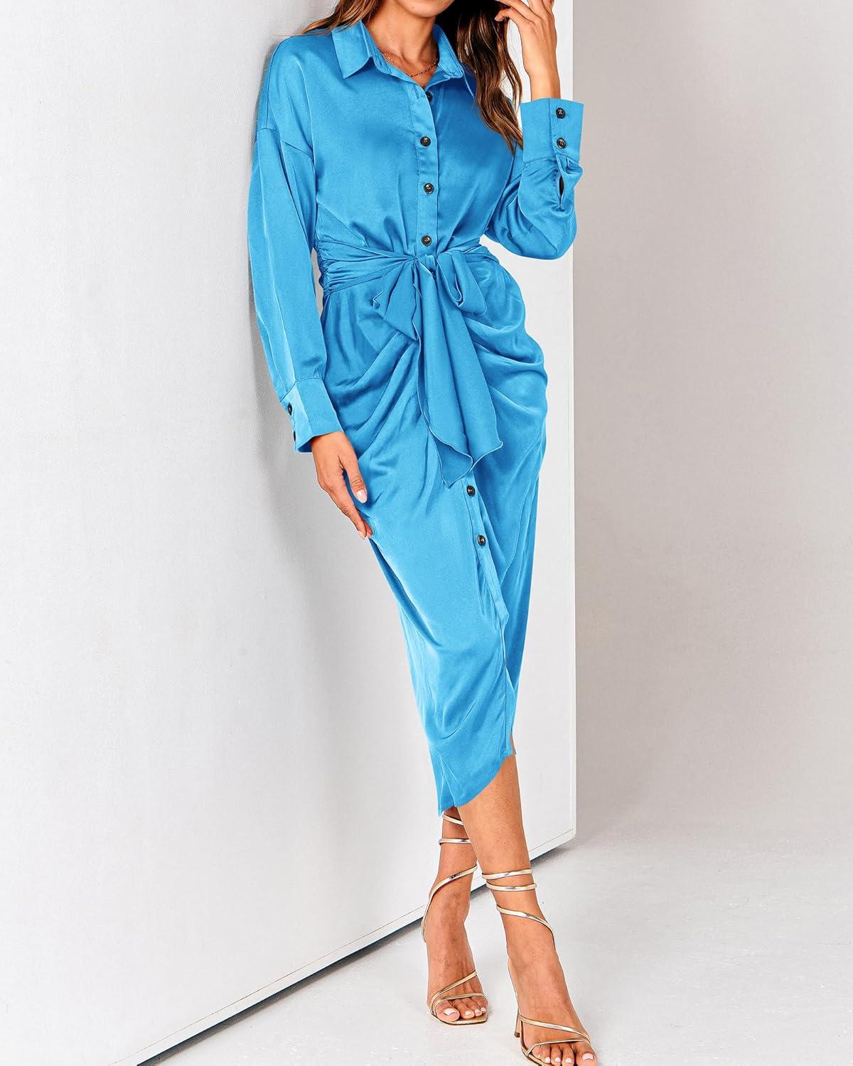 imageBTFBM Summer Dresses for Women 2026 Long Sleeve Lapel V Neck Button Down Elegant Belted Ruched Satin Shirt Spring DressAqua Blue
