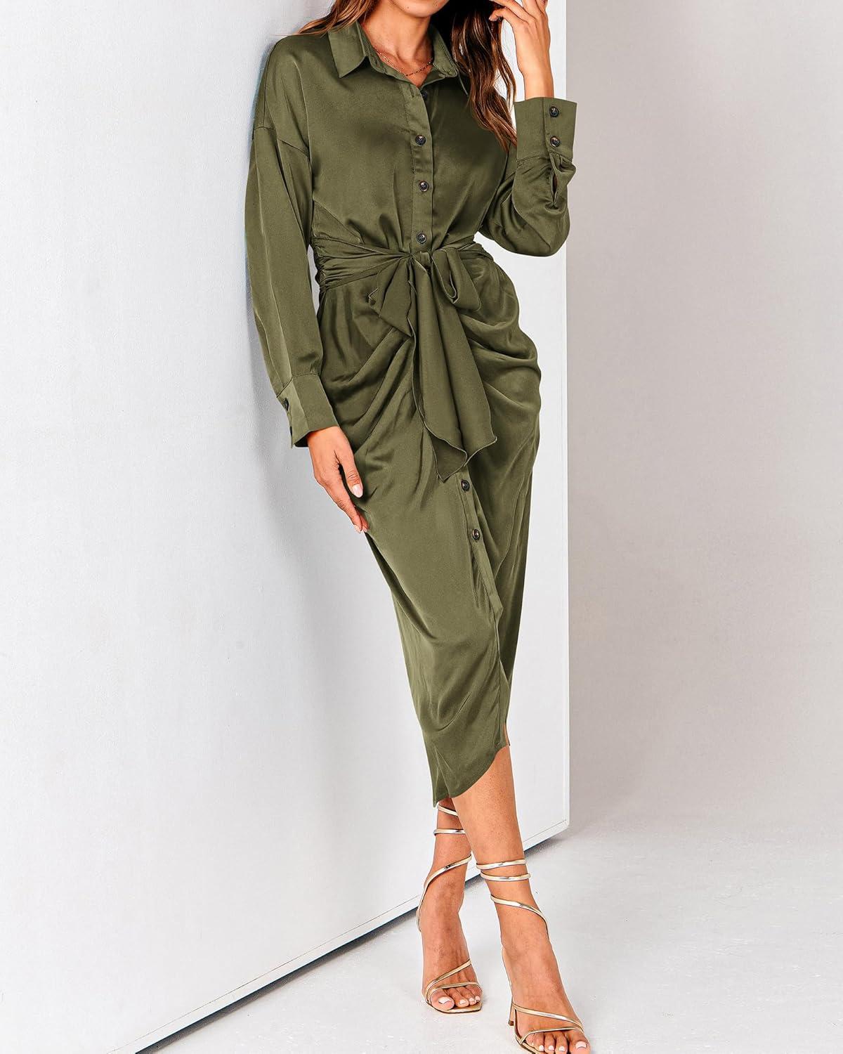 imageBTFBM Summer Dresses for Women 2026 Long Sleeve Lapel V Neck Button Down Elegant Belted Ruched Satin Shirt Spring DressArmy Green