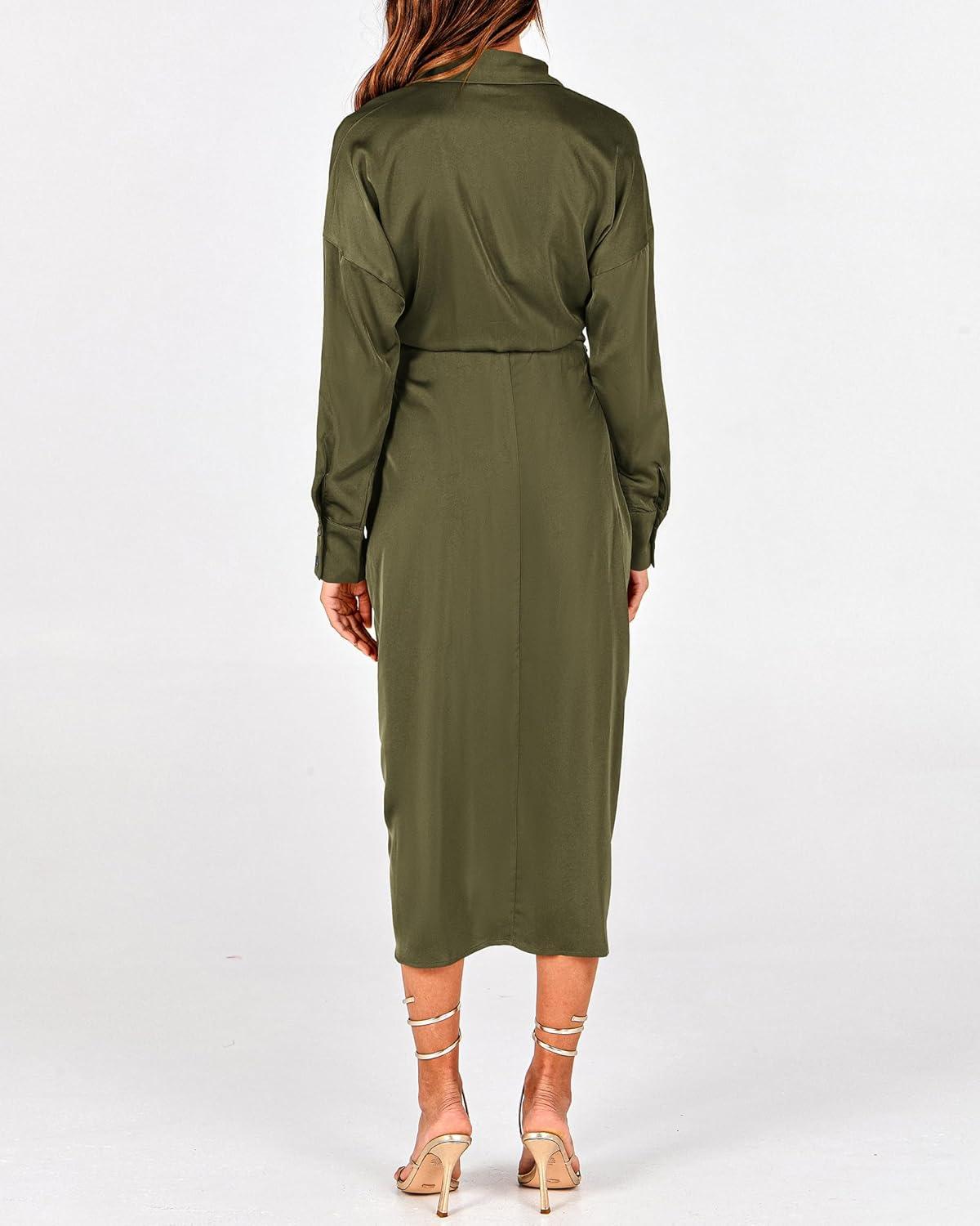 imageBTFBM Summer Dresses for Women 2026 Long Sleeve Lapel V Neck Button Down Elegant Belted Ruched Satin Shirt Spring DressArmy Green