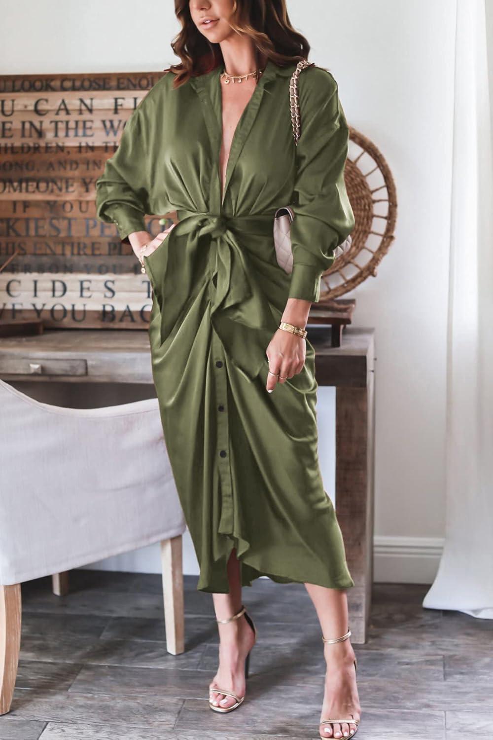 imageBTFBM Summer Dresses for Women 2026 Long Sleeve Lapel V Neck Button Down Elegant Belted Ruched Satin Shirt Spring DressArmy Green