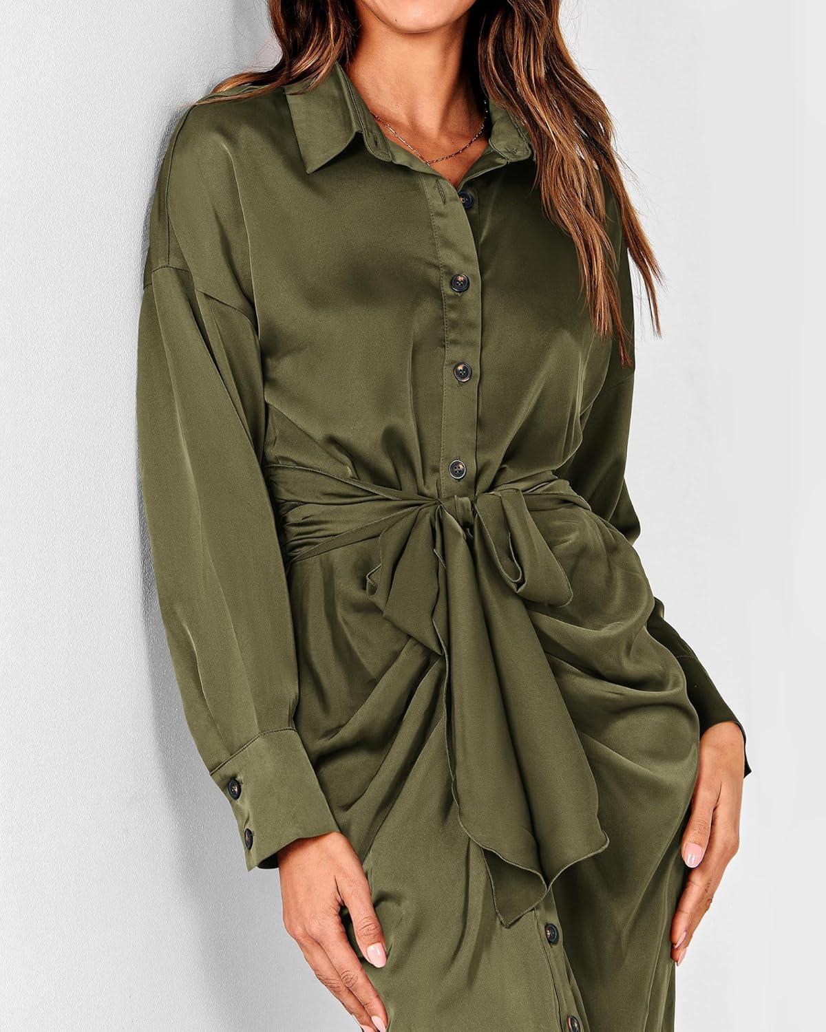 imageBTFBM Summer Dresses for Women 2026 Long Sleeve Lapel V Neck Button Down Elegant Belted Ruched Satin Shirt Spring DressArmy Green