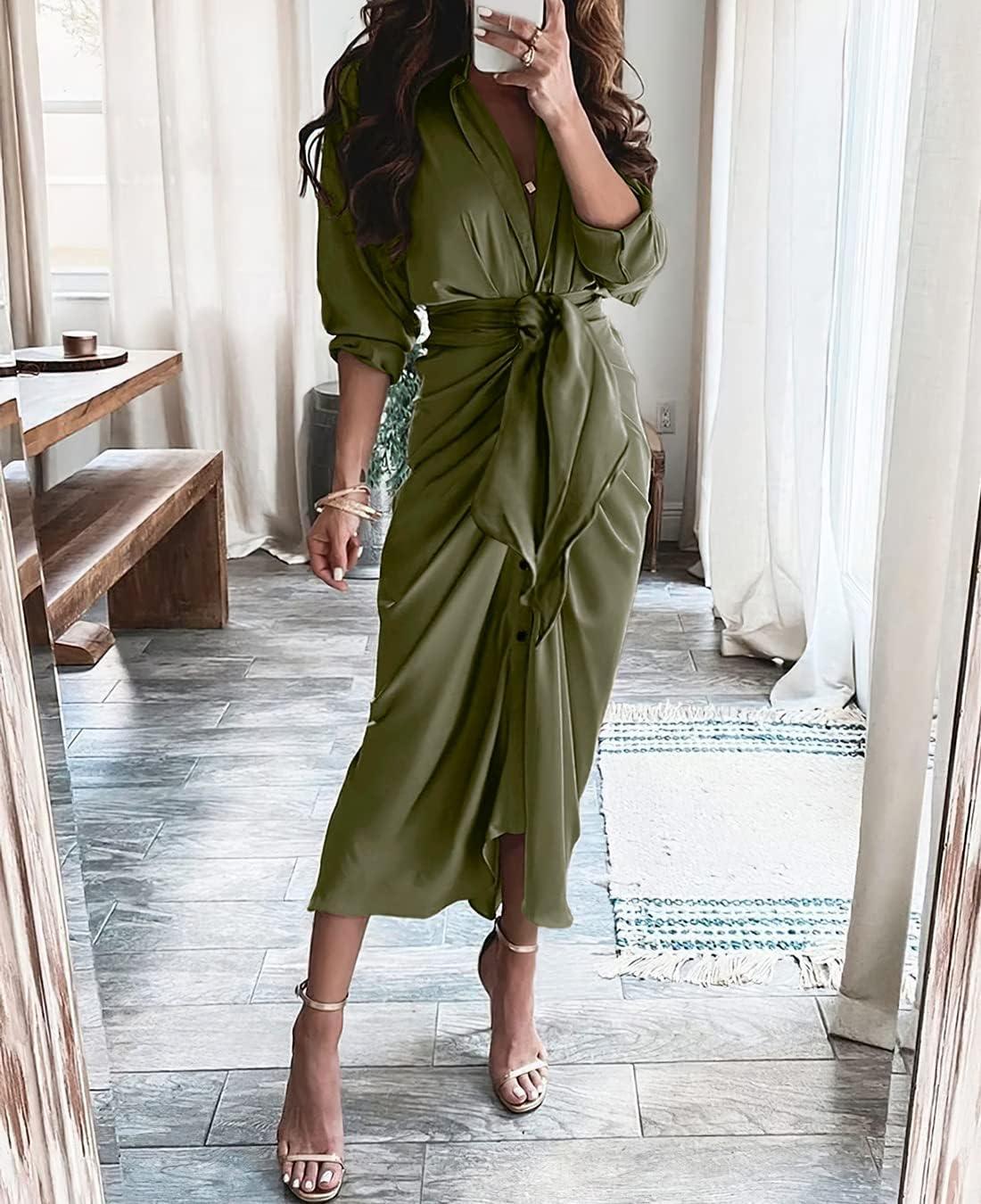 imageBTFBM Summer Dresses for Women 2026 Long Sleeve Lapel V Neck Button Down Elegant Belted Ruched Satin Shirt Spring DressArmy Green
