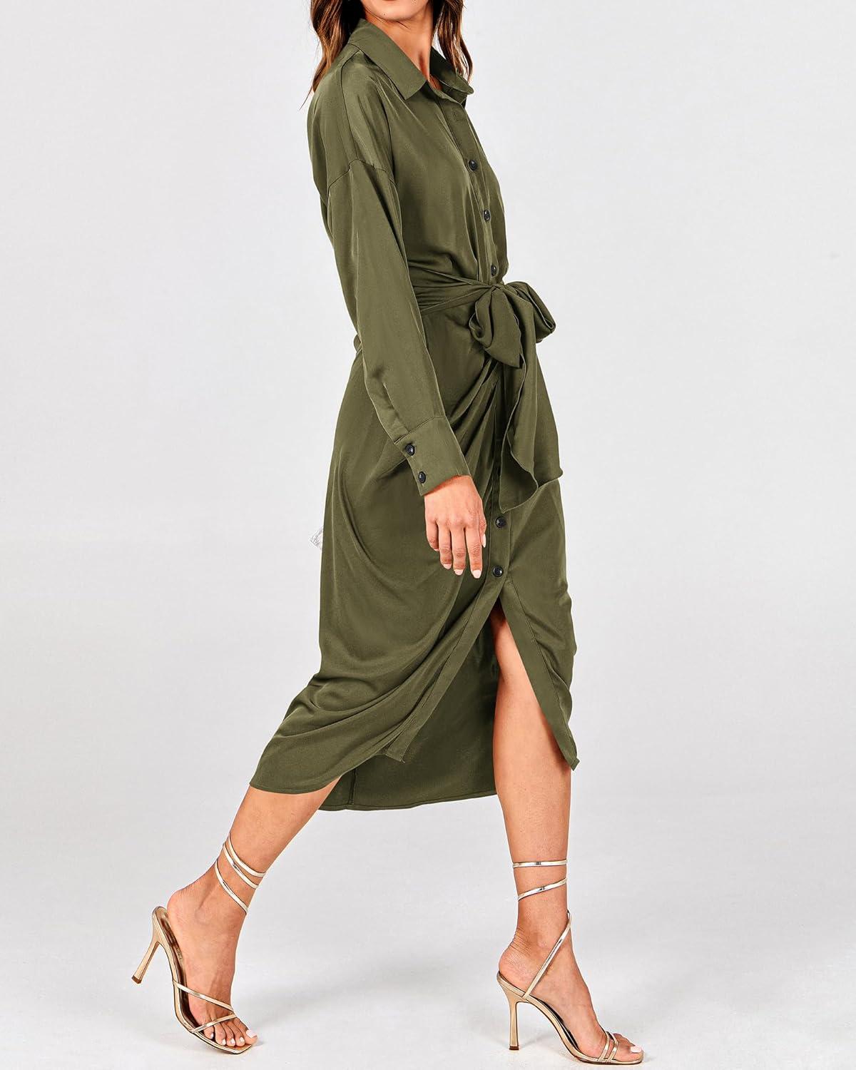 imageBTFBM Summer Dresses for Women 2026 Long Sleeve Lapel V Neck Button Down Elegant Belted Ruched Satin Shirt Spring DressArmy Green