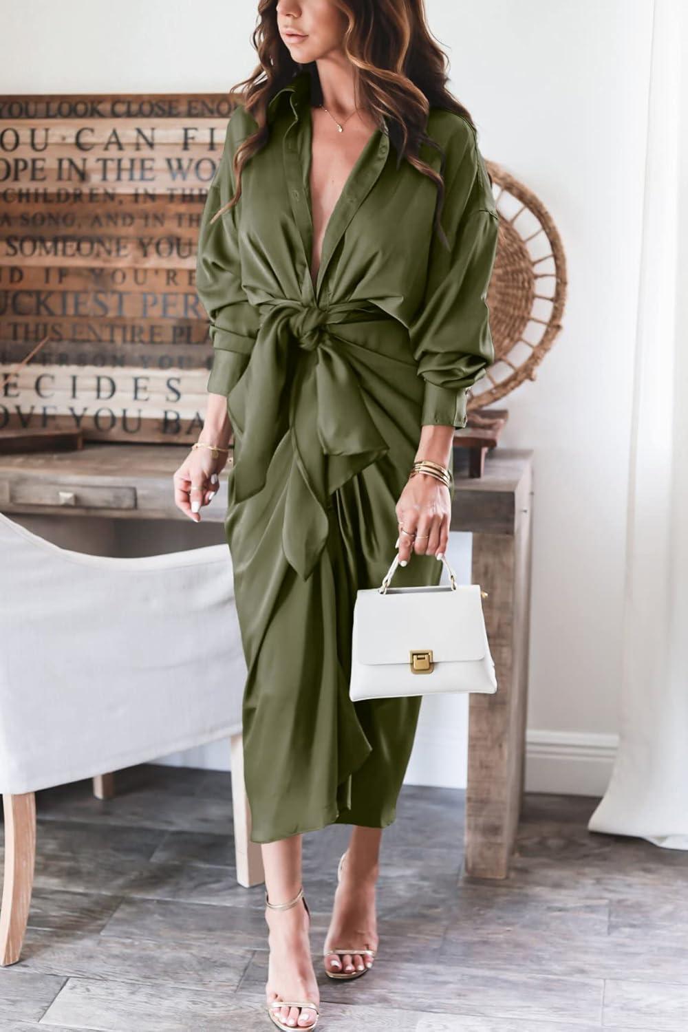 imageBTFBM Summer Dresses for Women 2026 Long Sleeve Lapel V Neck Button Down Elegant Belted Ruched Satin Shirt Spring DressArmy Green