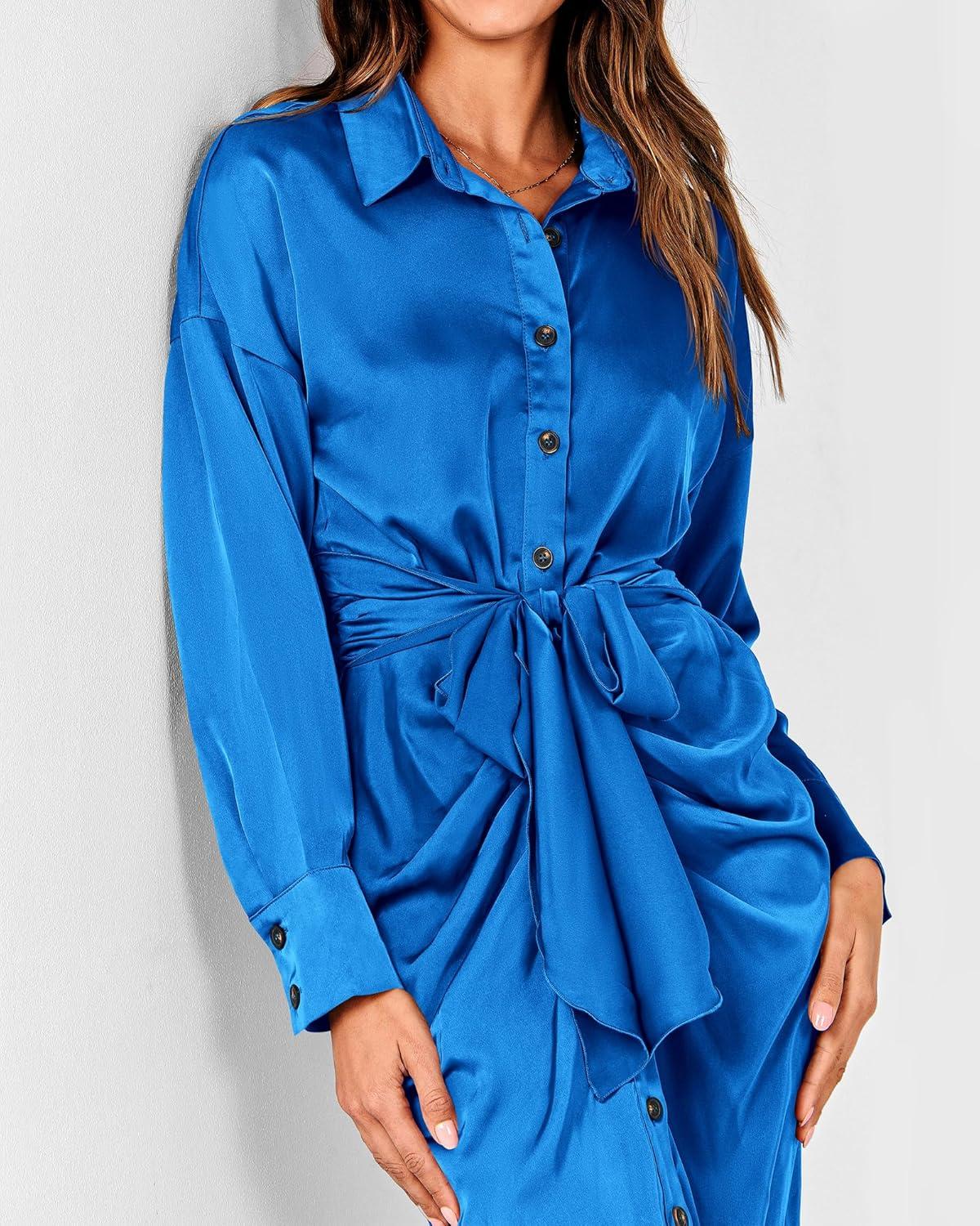 imageBTFBM Summer Dresses for Women 2026 Long Sleeve Lapel V Neck Button Down Elegant Belted Ruched Satin Shirt Spring DressBrilliant Blue