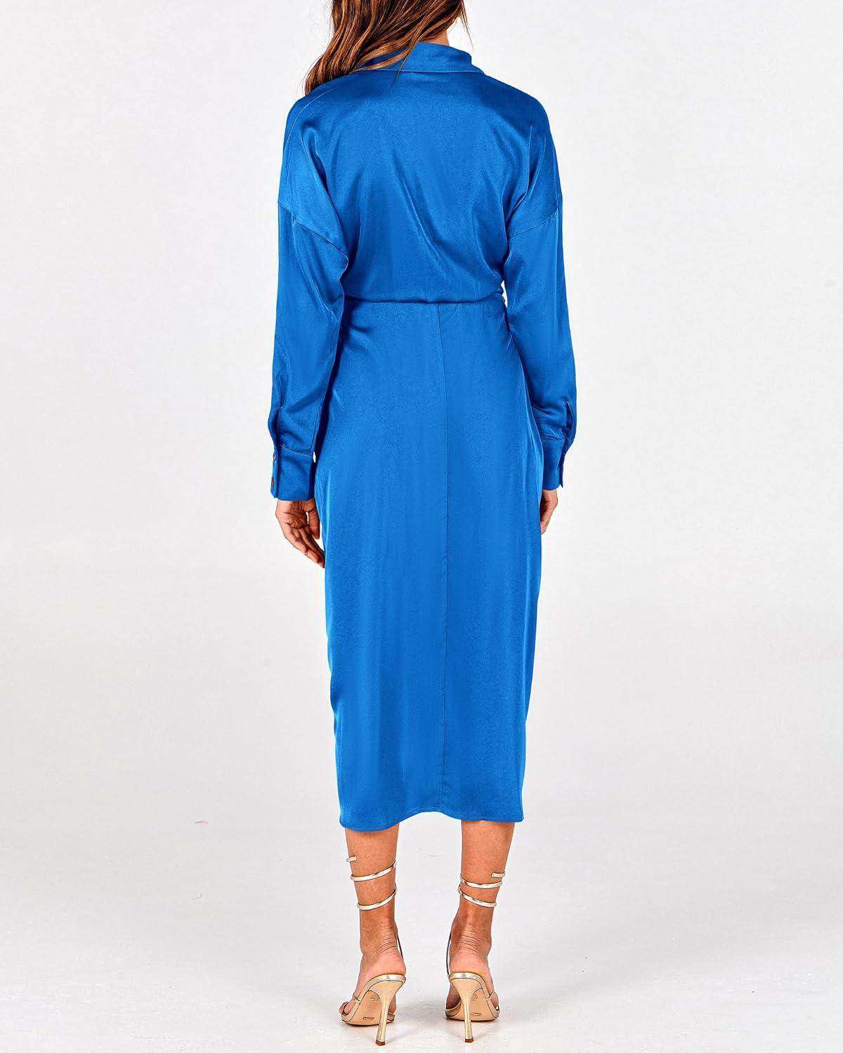 imageBTFBM Summer Dresses for Women 2026 Long Sleeve Lapel V Neck Button Down Elegant Belted Ruched Satin Shirt Spring DressBrilliant Blue