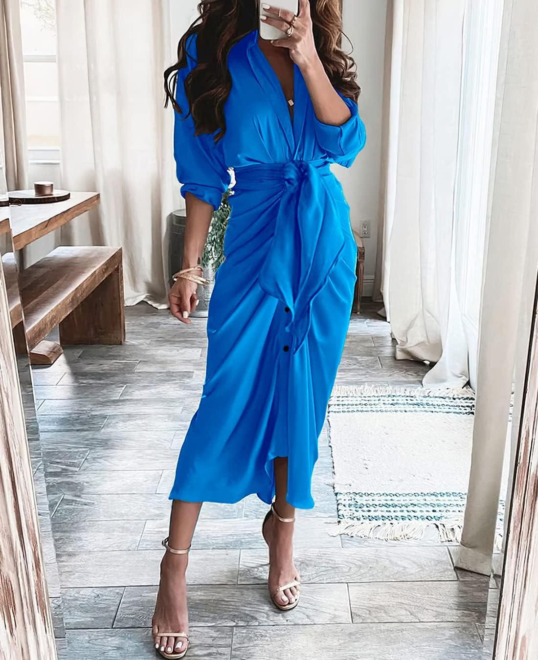 imageBTFBM Summer Dresses for Women 2026 Long Sleeve Lapel V Neck Button Down Elegant Belted Ruched Satin Shirt Spring DressBrilliant Blue
