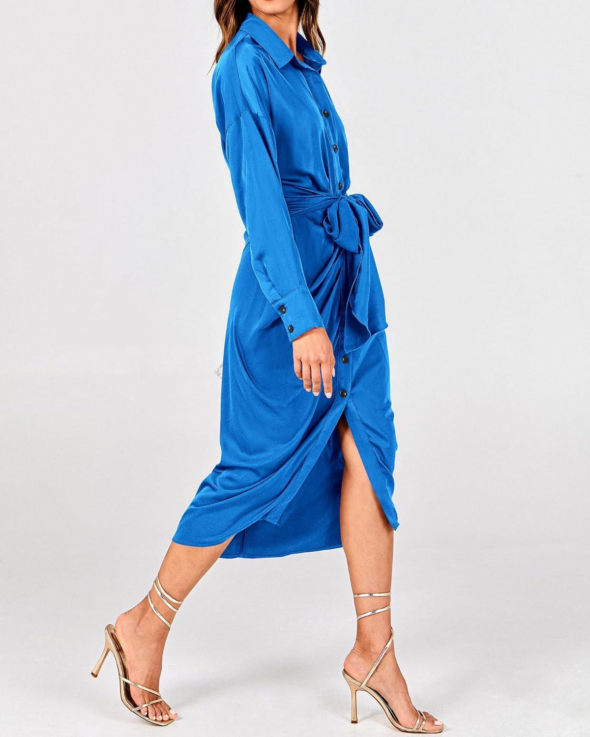 imageBTFBM Summer Dresses for Women 2026 Long Sleeve Lapel V Neck Button Down Elegant Belted Ruched Satin Shirt Spring DressBrilliant Blue