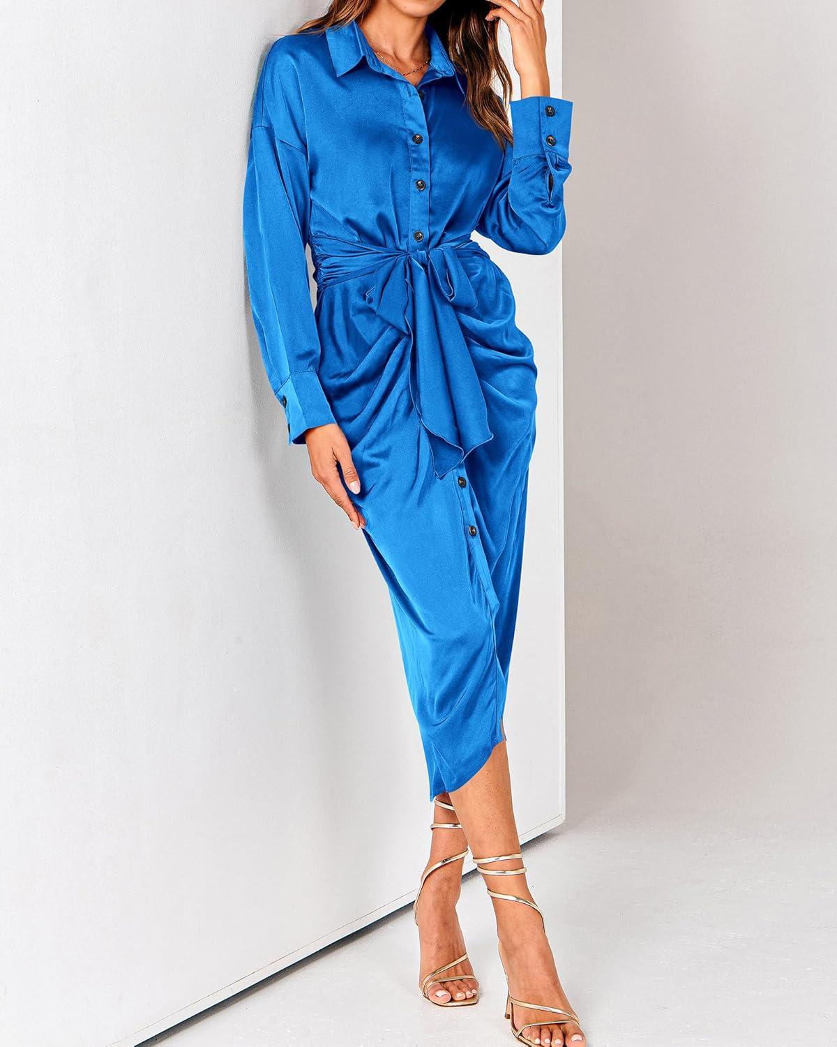 imageBTFBM Summer Dresses for Women 2026 Long Sleeve Lapel V Neck Button Down Elegant Belted Ruched Satin Shirt Spring DressBrilliant Blue