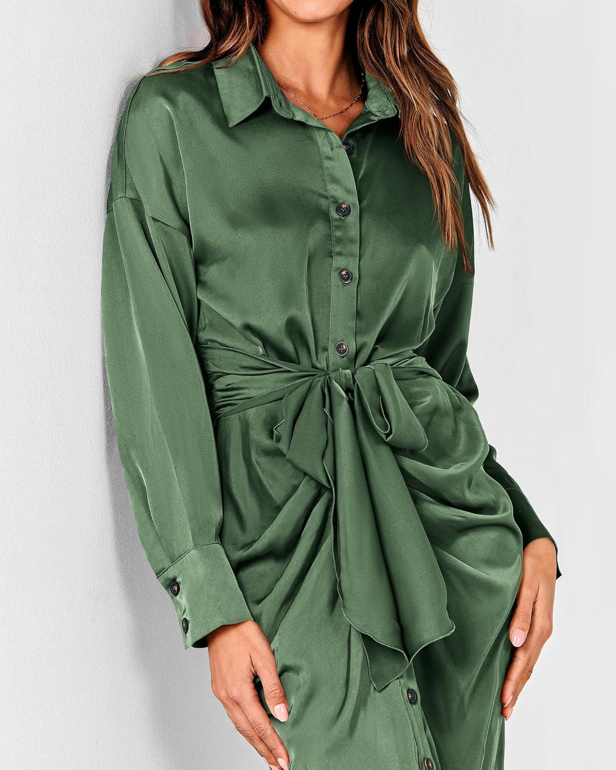 imageBTFBM Summer Dresses for Women 2026 Long Sleeve Lapel V Neck Button Down Elegant Belted Ruched Satin Shirt Spring DressDark Army Green