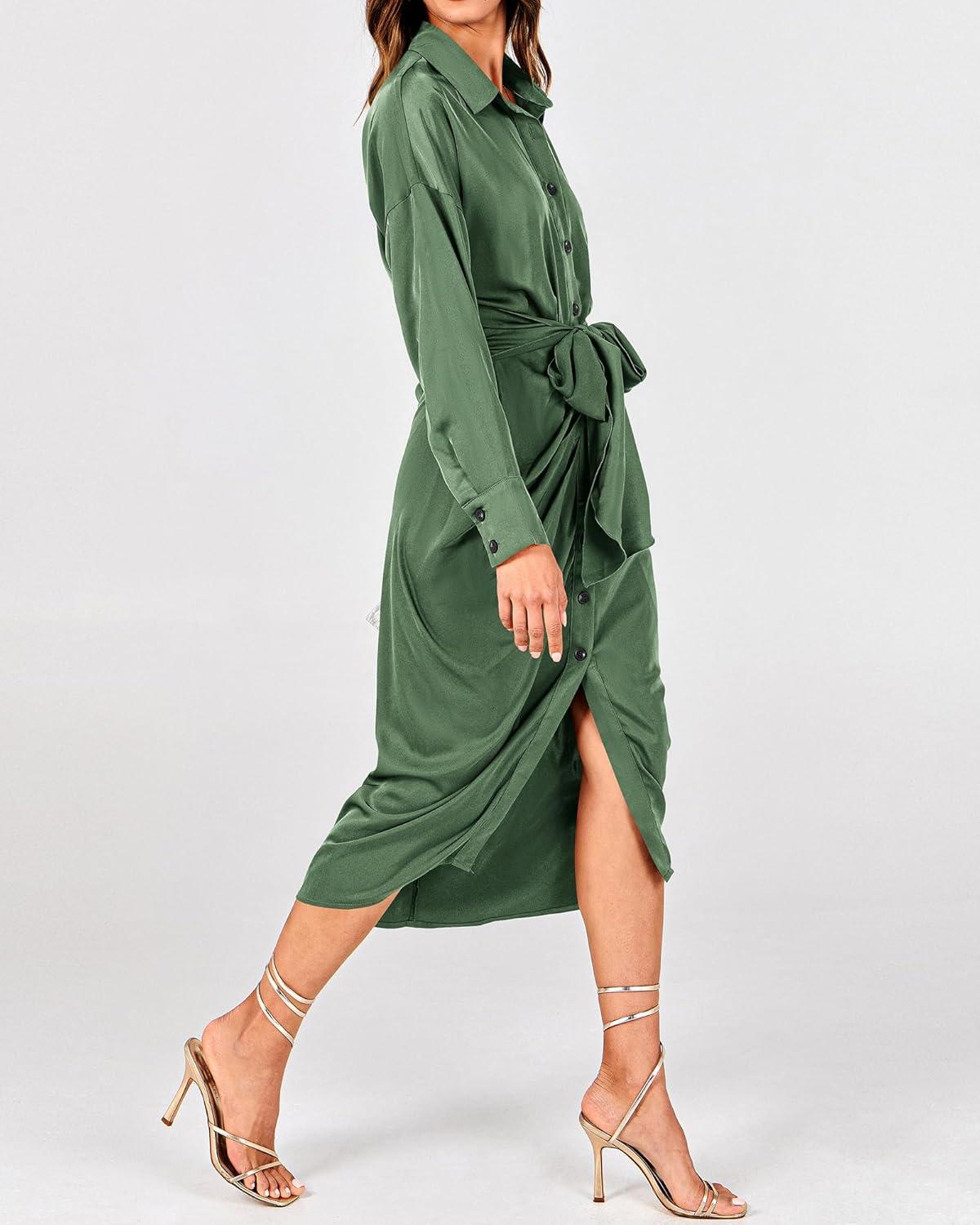 imageBTFBM Summer Dresses for Women 2026 Long Sleeve Lapel V Neck Button Down Elegant Belted Ruched Satin Shirt Spring DressDark Army Green