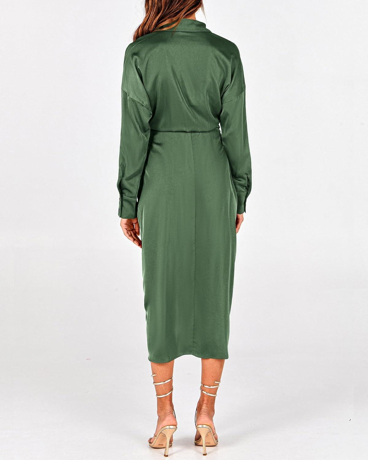 imageBTFBM Summer Dresses for Women 2026 Long Sleeve Lapel V Neck Button Down Elegant Belted Ruched Satin Shirt Spring DressDark Army Green