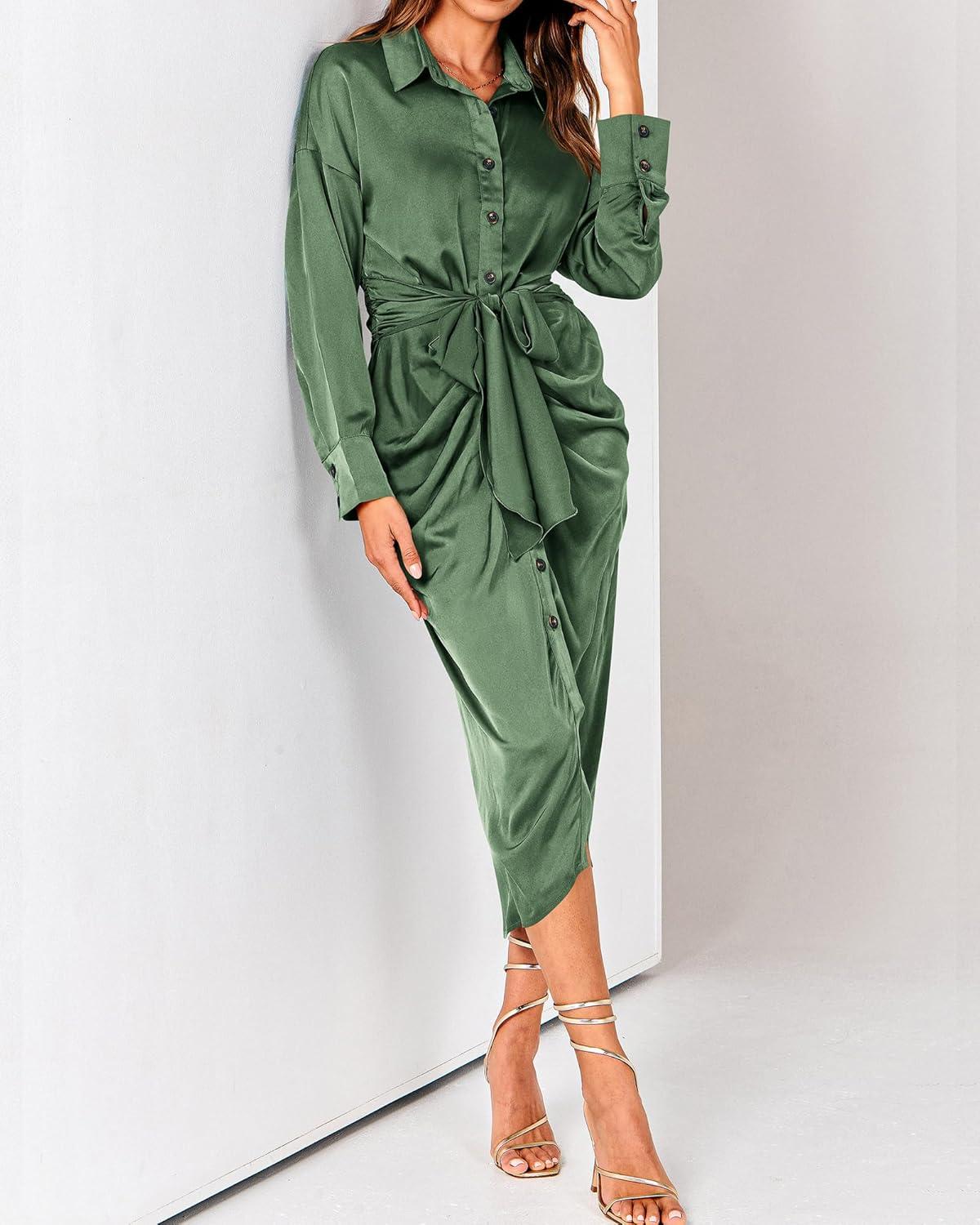 imageBTFBM Summer Dresses for Women 2026 Long Sleeve Lapel V Neck Button Down Elegant Belted Ruched Satin Shirt Spring DressDark Army Green