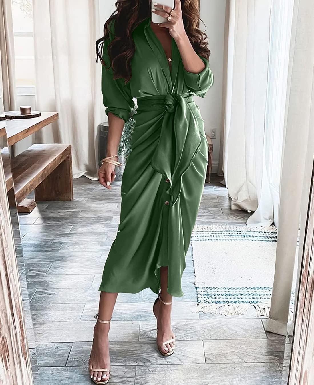 imageBTFBM Summer Dresses for Women 2026 Long Sleeve Lapel V Neck Button Down Elegant Belted Ruched Satin Shirt Spring DressDark Army Green
