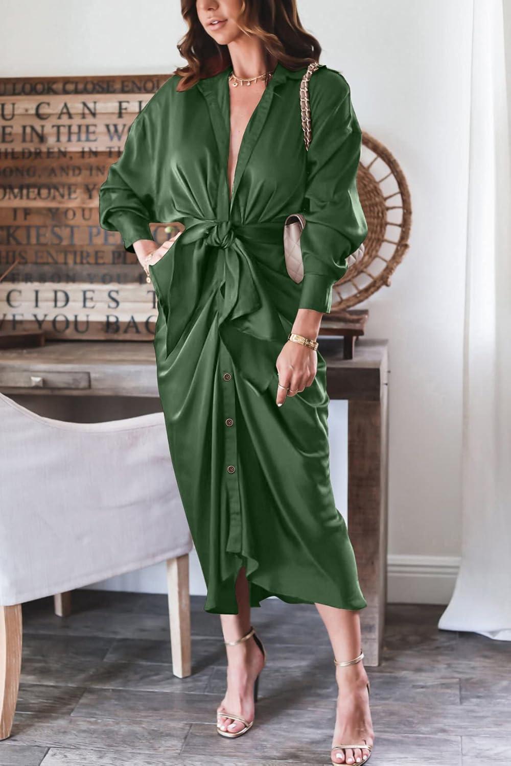 imageBTFBM Summer Dresses for Women 2026 Long Sleeve Lapel V Neck Button Down Elegant Belted Ruched Satin Shirt Spring DressDark Army Green