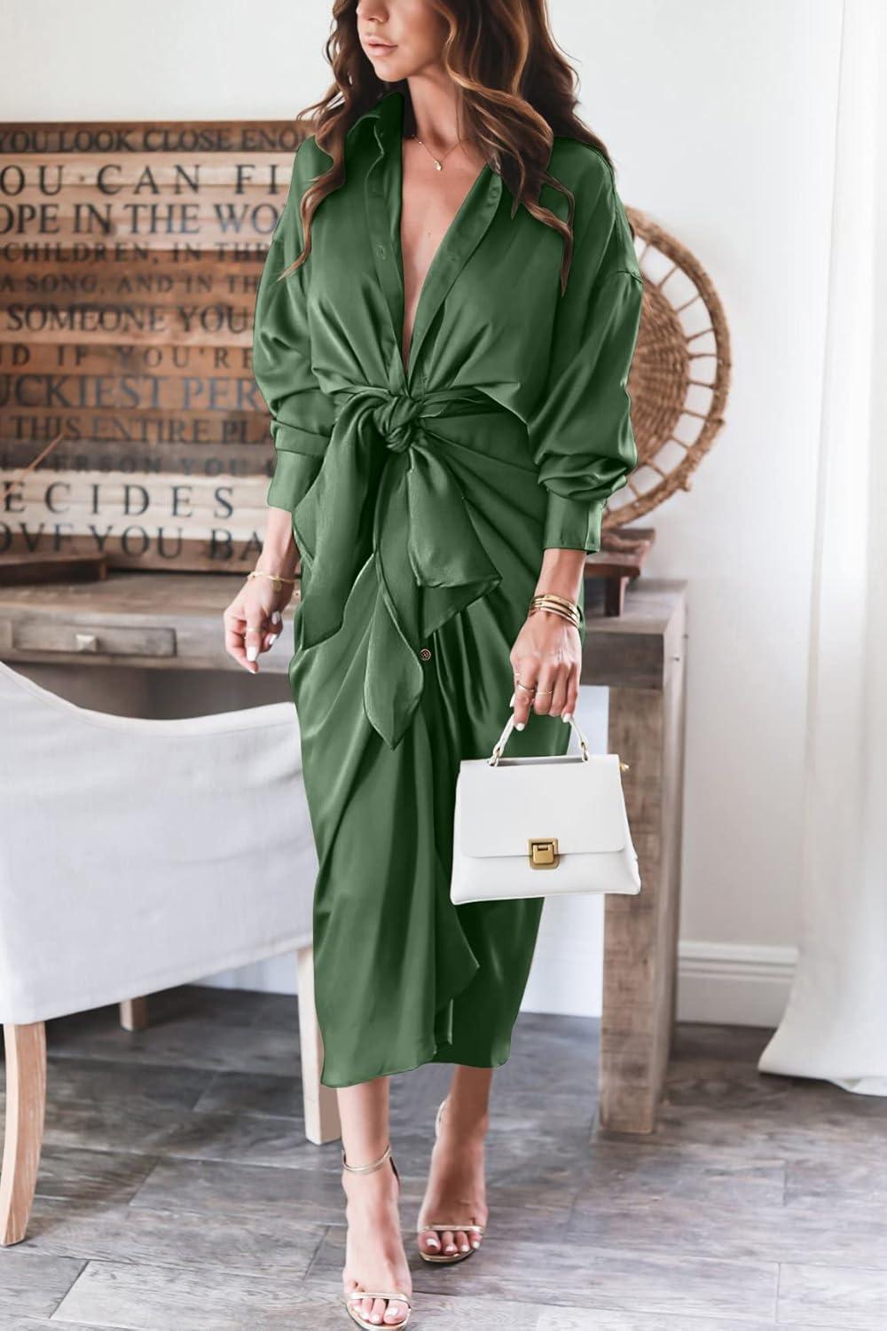 imageBTFBM Summer Dresses for Women 2026 Long Sleeve Lapel V Neck Button Down Elegant Belted Ruched Satin Shirt Spring DressDark Army Green