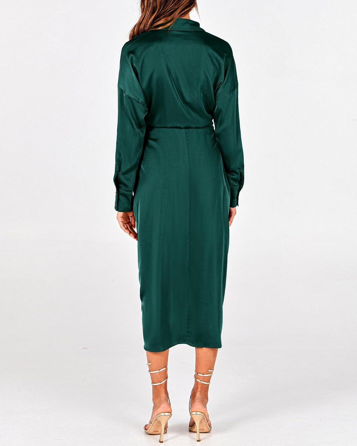 imageBTFBM Summer Dresses for Women 2026 Long Sleeve Lapel V Neck Button Down Elegant Belted Ruched Satin Shirt Spring DressDark Green